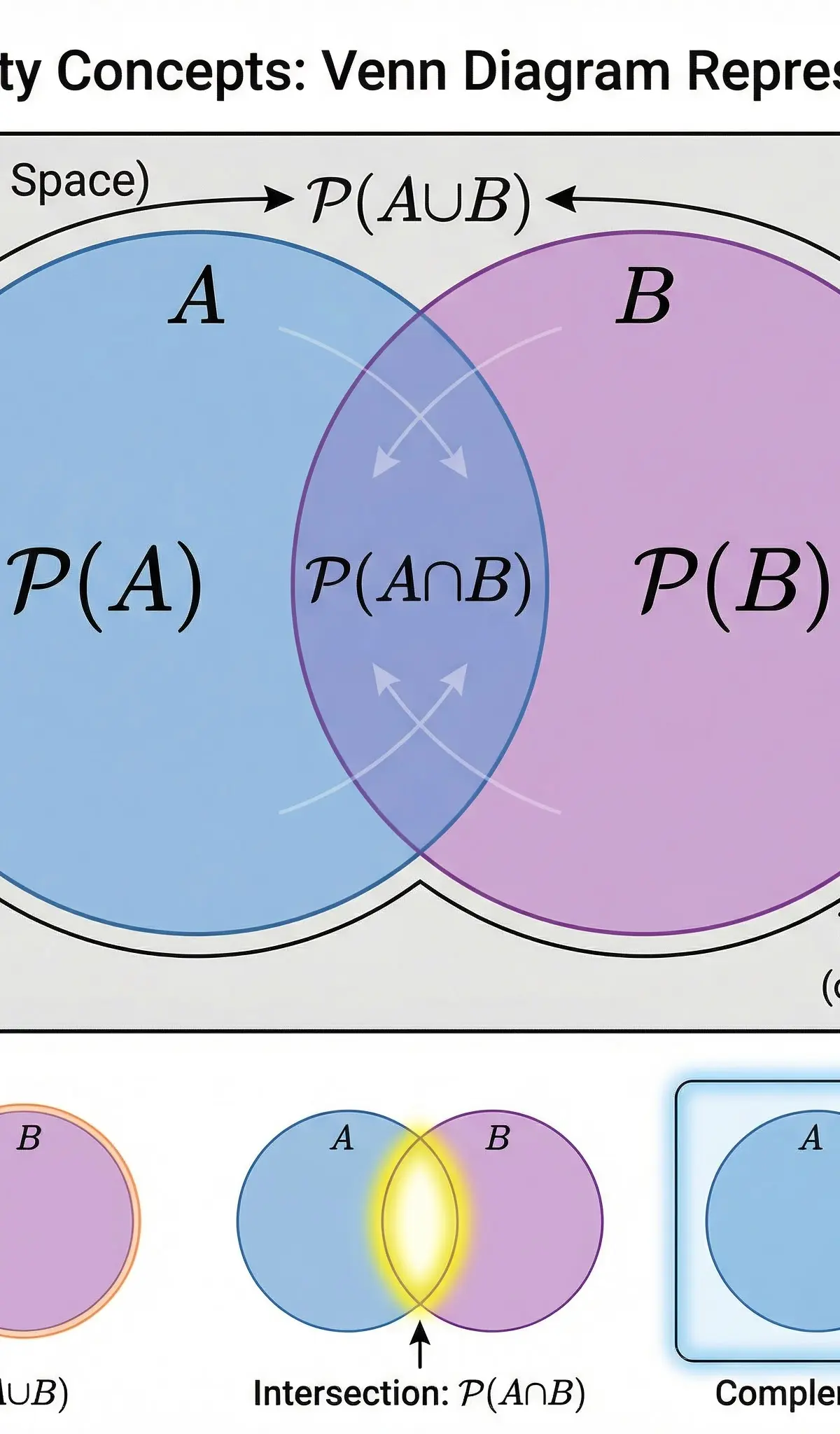 Venn diagram representation of probability concepts: union, intersection, and complement