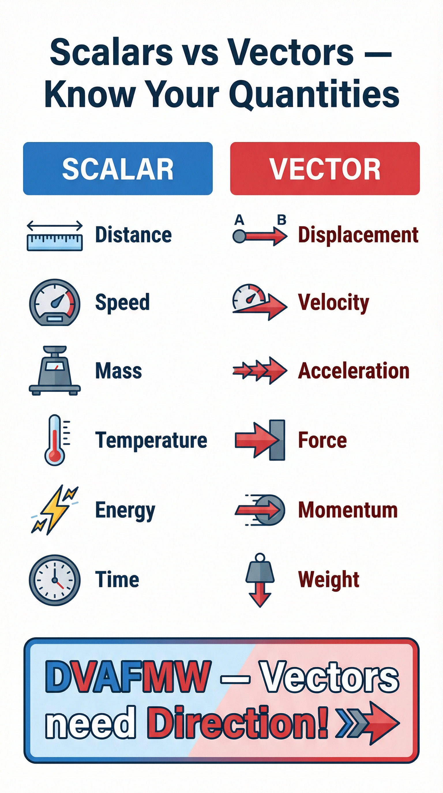 A comparison of common scalar and vector quantities.