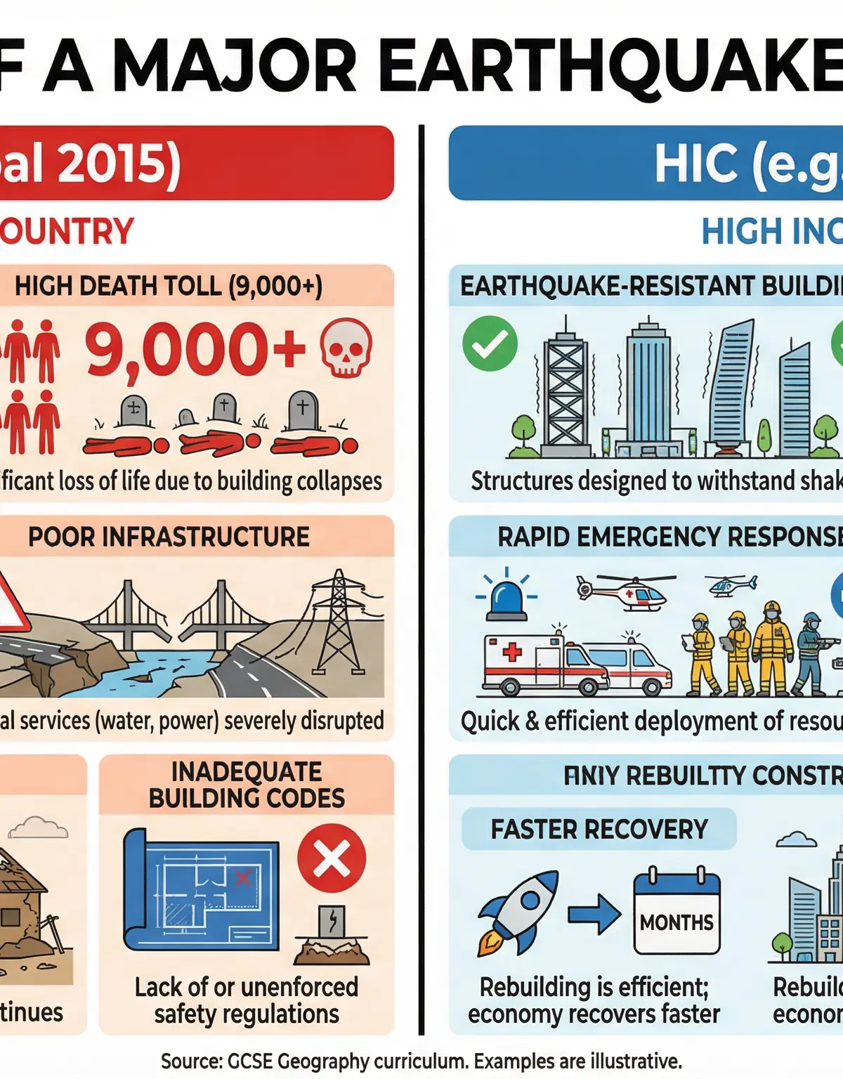 Comparing earthquake impacts in LICs and HICs.