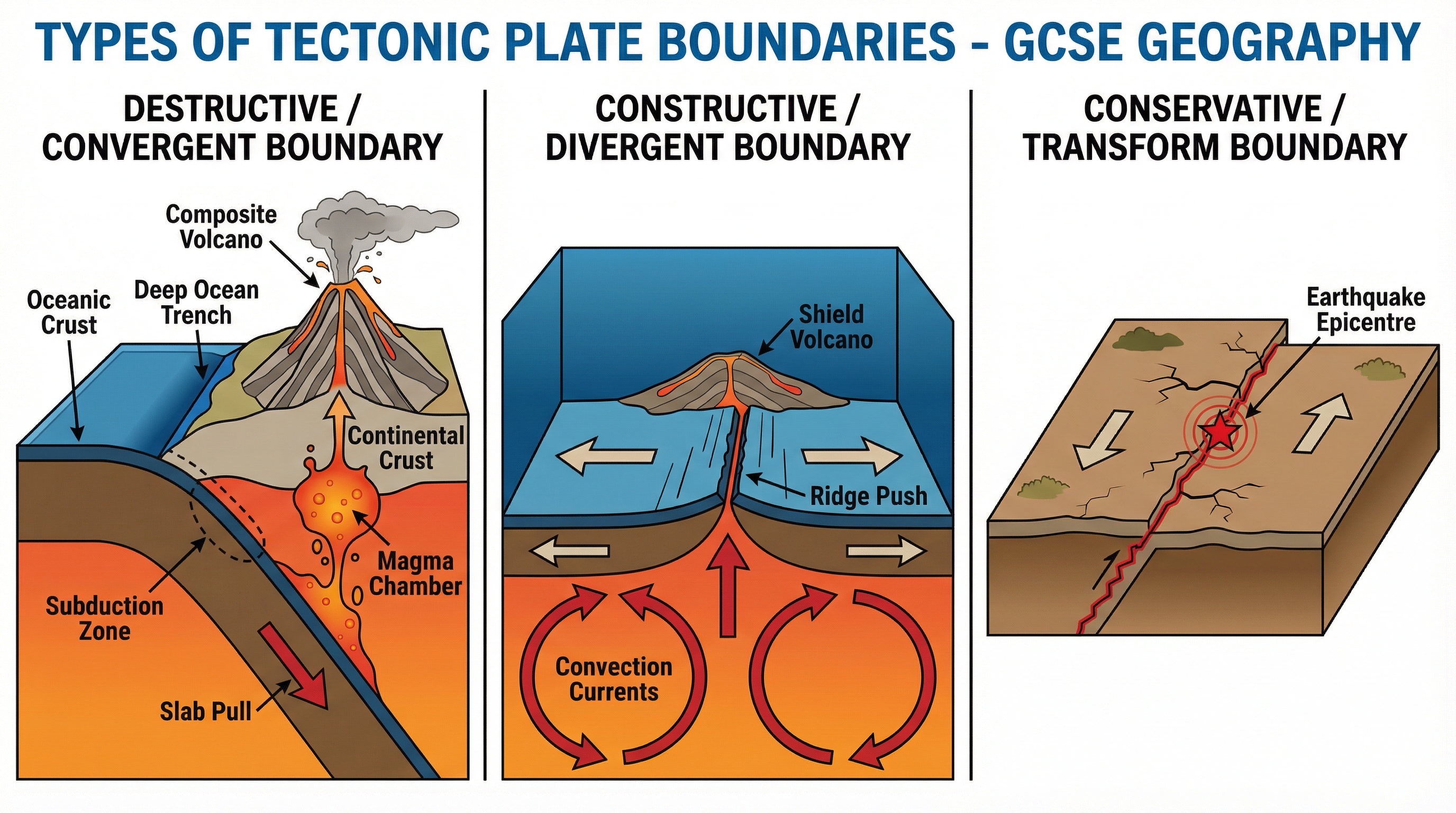 The three types of tectonic plate boundary.