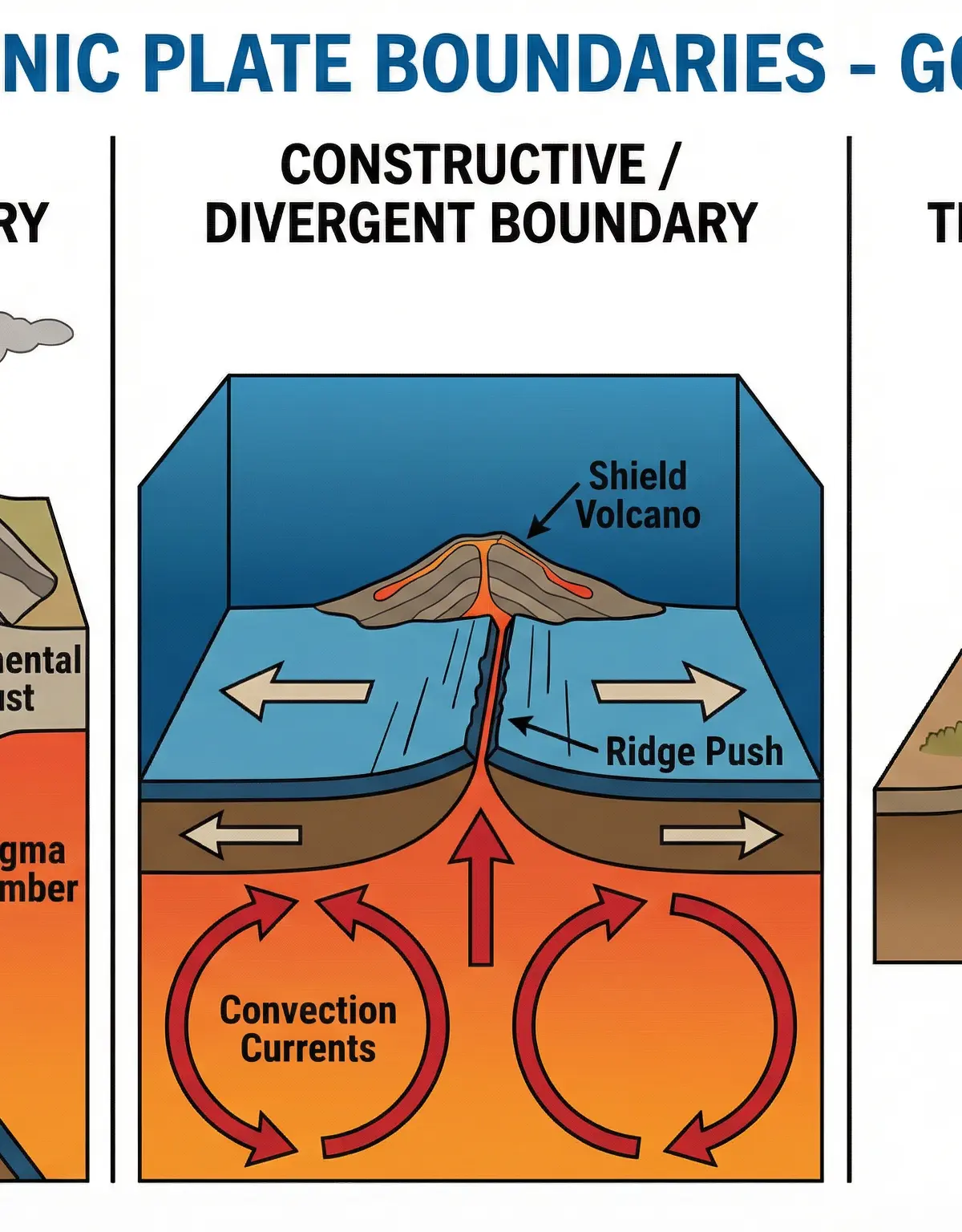 The three types of tectonic plate boundary.