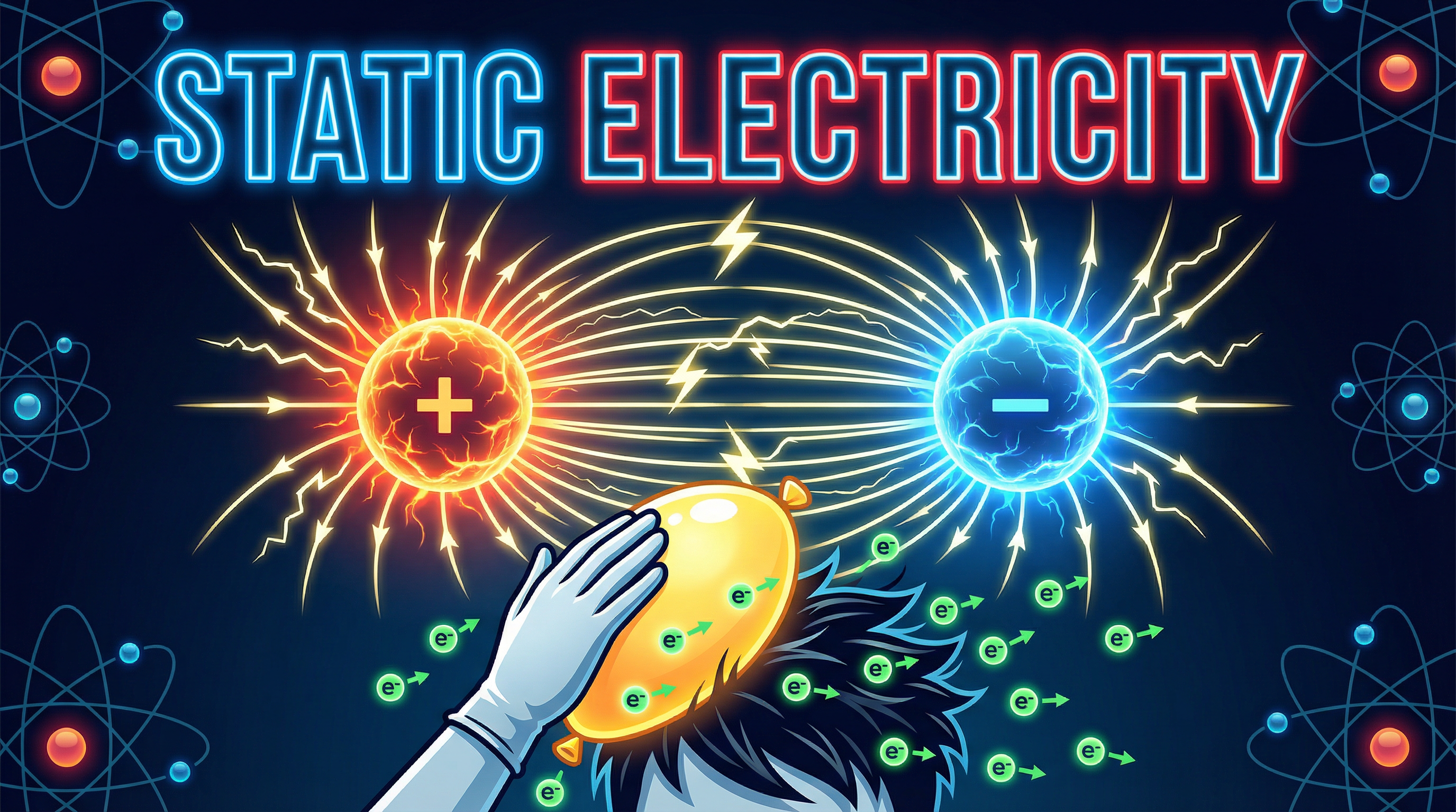 An illustration showing the key concepts of static electricity: charging by friction, and attraction/repulsion via electric fields.