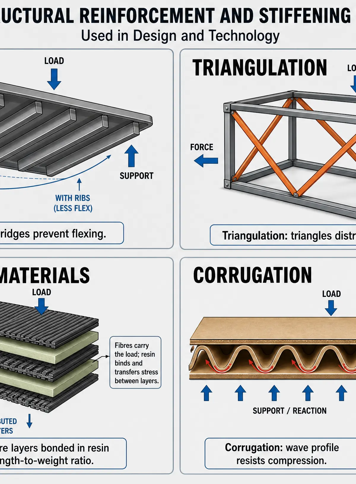 Common structural reinforcement and stiffening techniques.