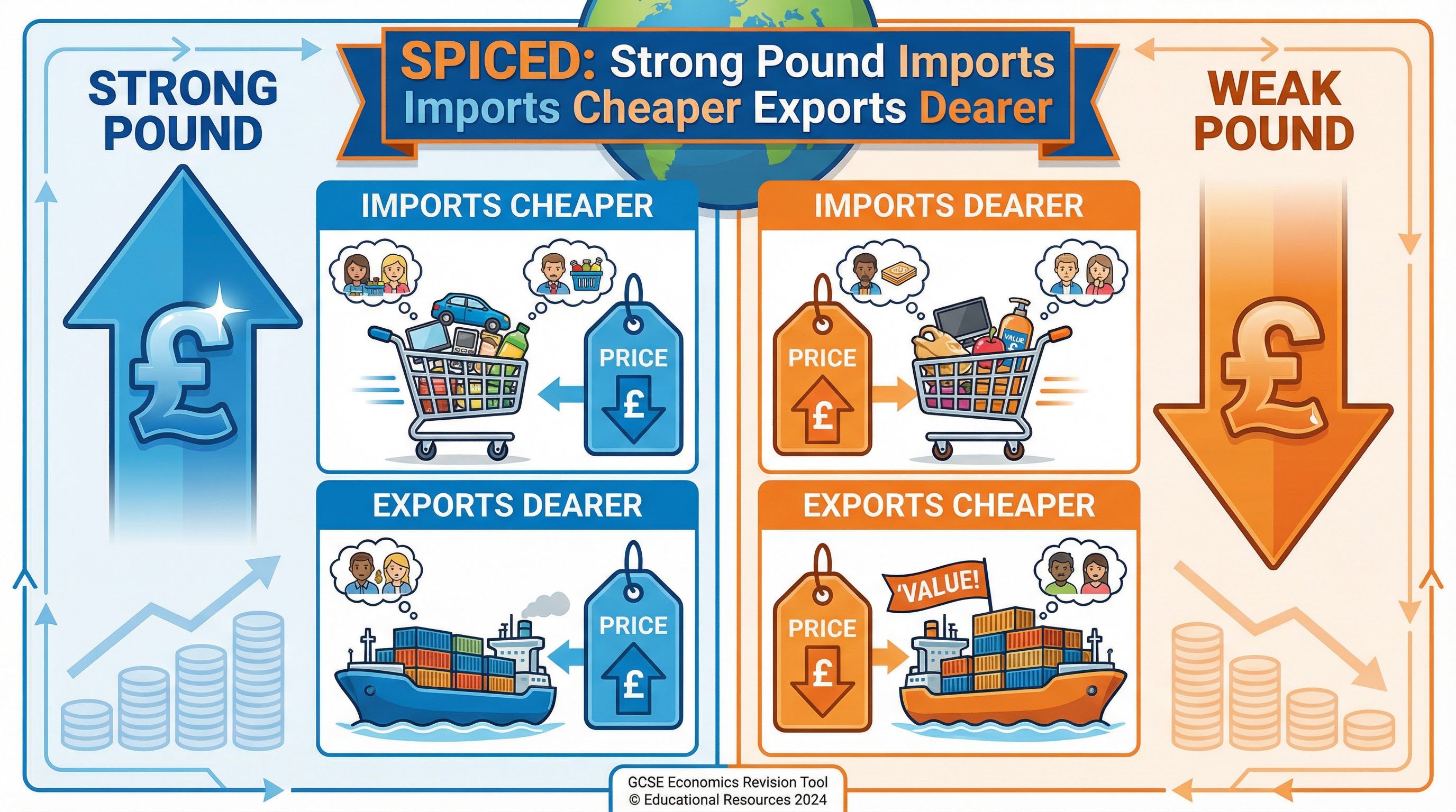 Remember SPICED: Strong Pound, Imports Cheaper, Exports Dearer.