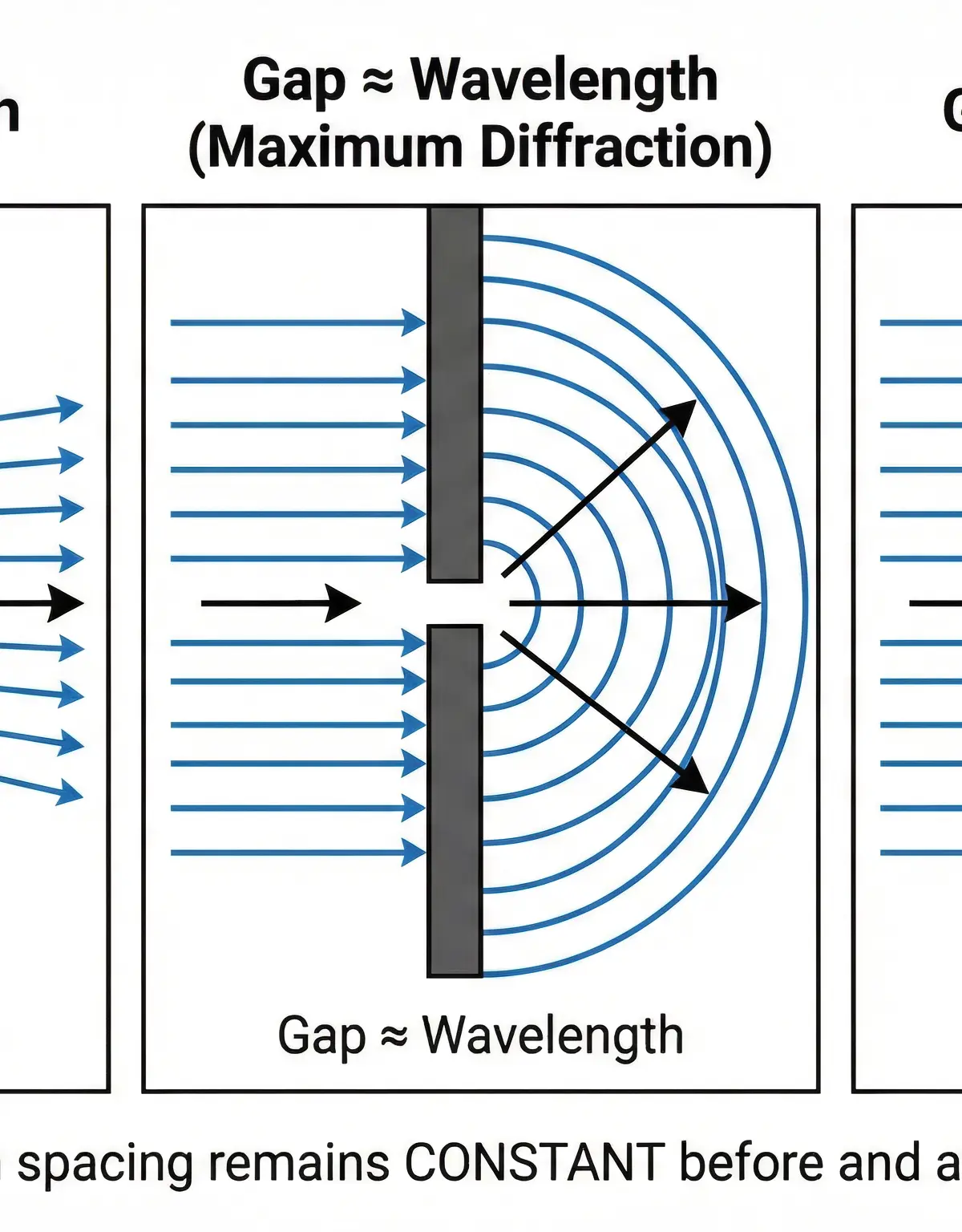 The effect of gap size on diffraction. Maximum diffraction occurs when the gap size is similar to the wavelength.
