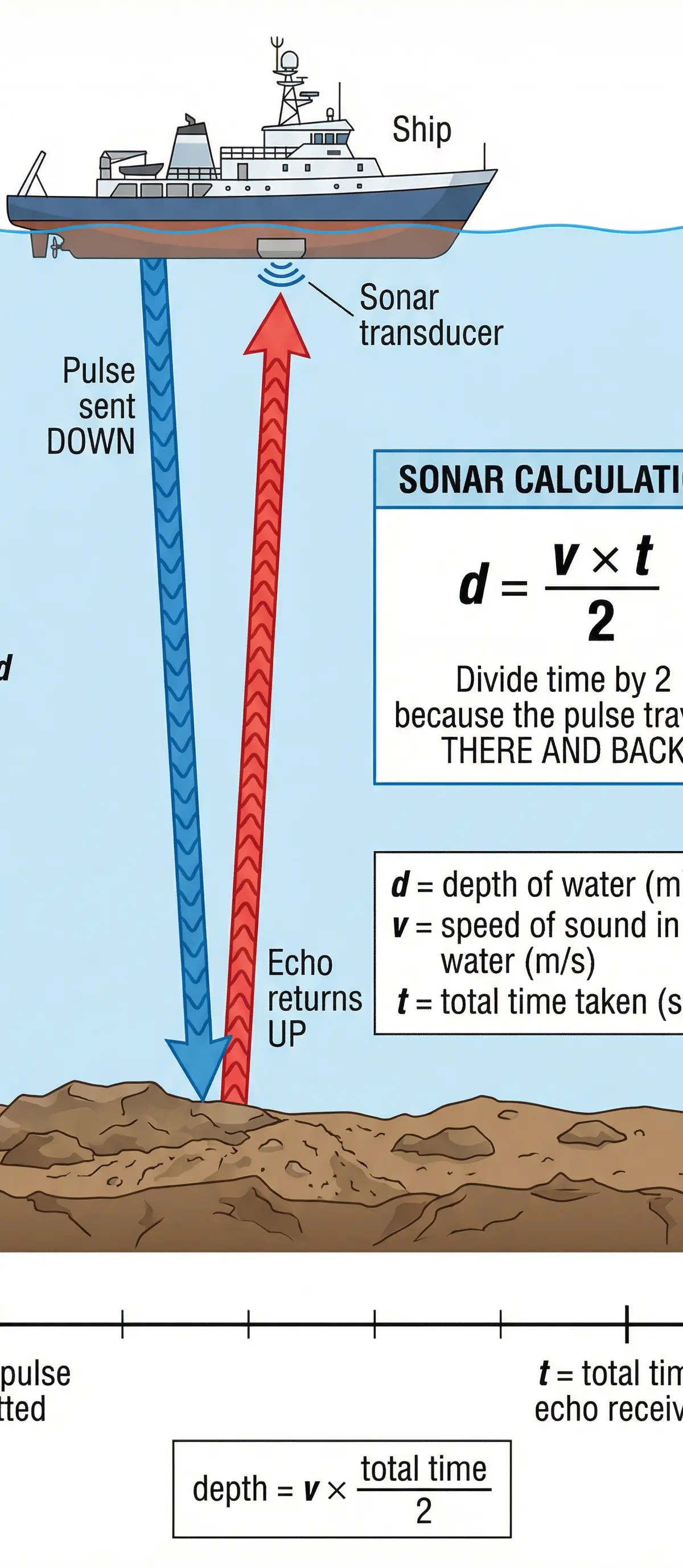 Echo sounding: the pulse travels THERE AND BACK, so always divide the total time by 2