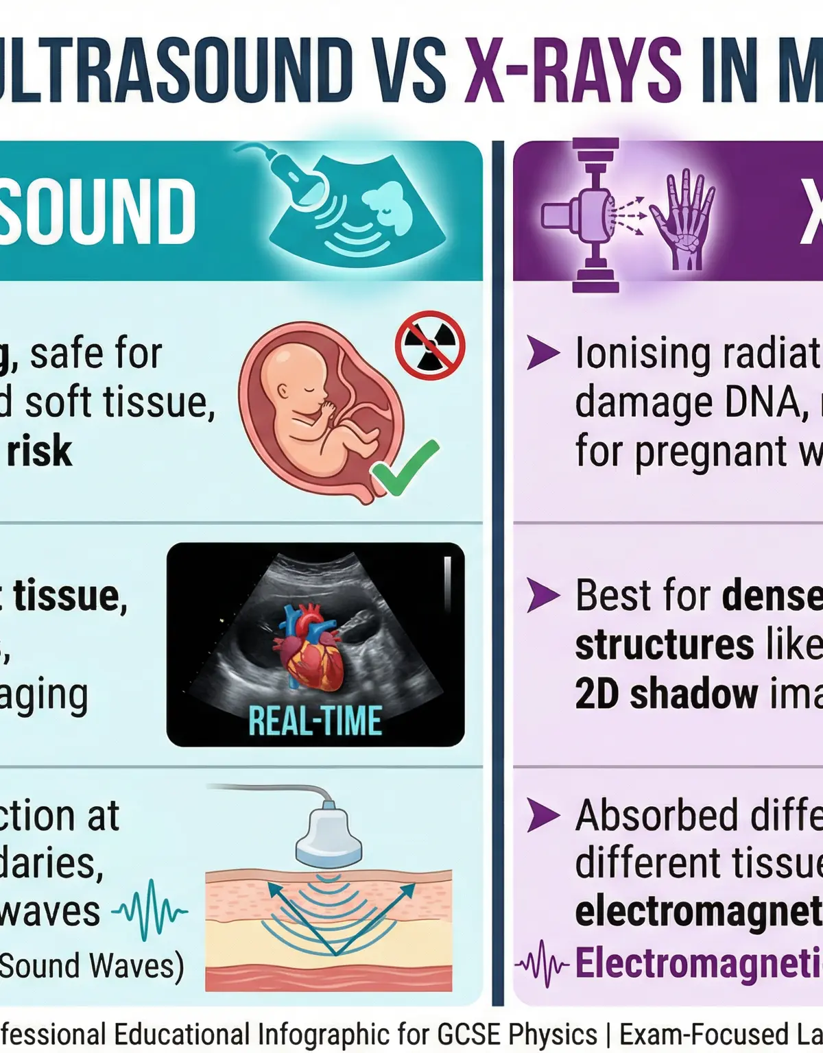 Ultrasound vs X-rays: use the SIM structure (Safety, Image, Mechanism) for comparison questions