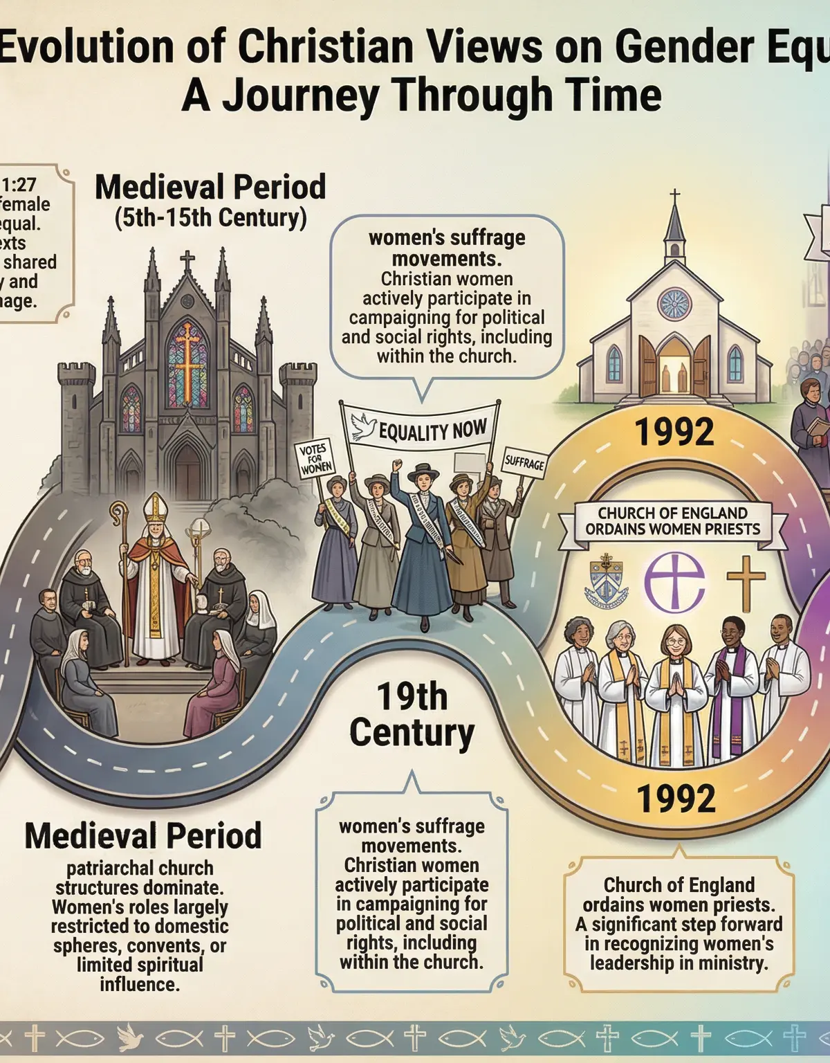A timeline of key developments in Christian views on gender equality.