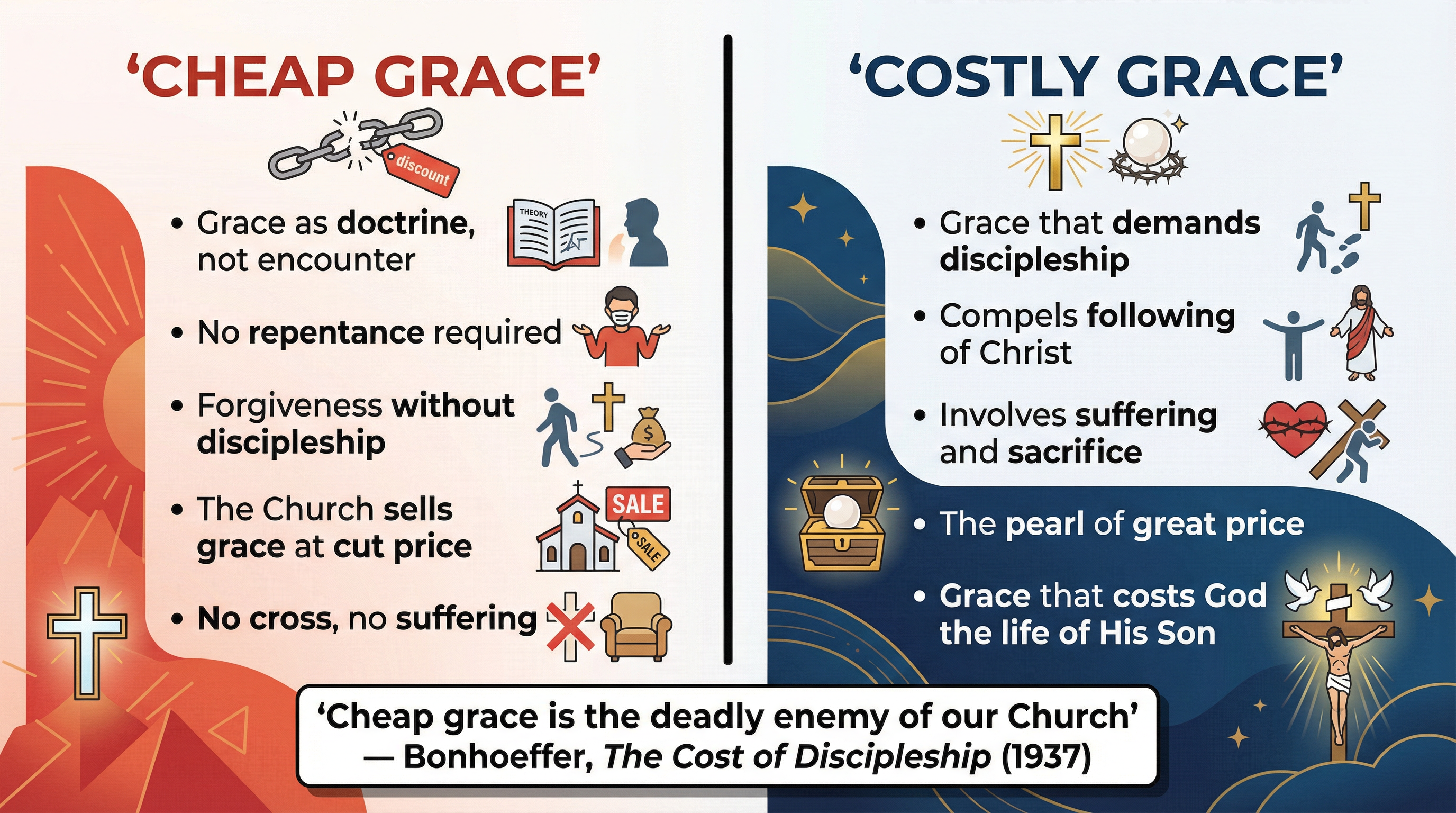 Cheap Grace vs Costly Grace — the core distinction in Bonhoeffer's theology