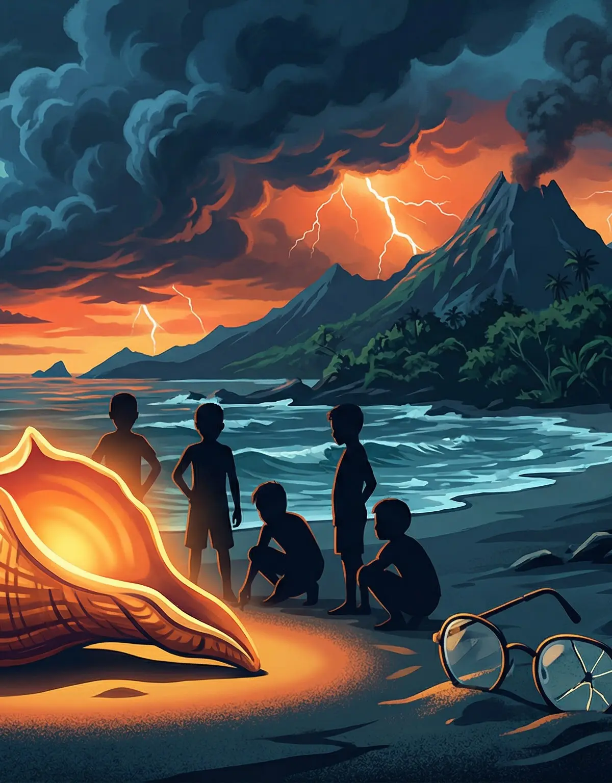 Header image for Lord of the Flies, showing the conch, the signal fire, and the looming storm.