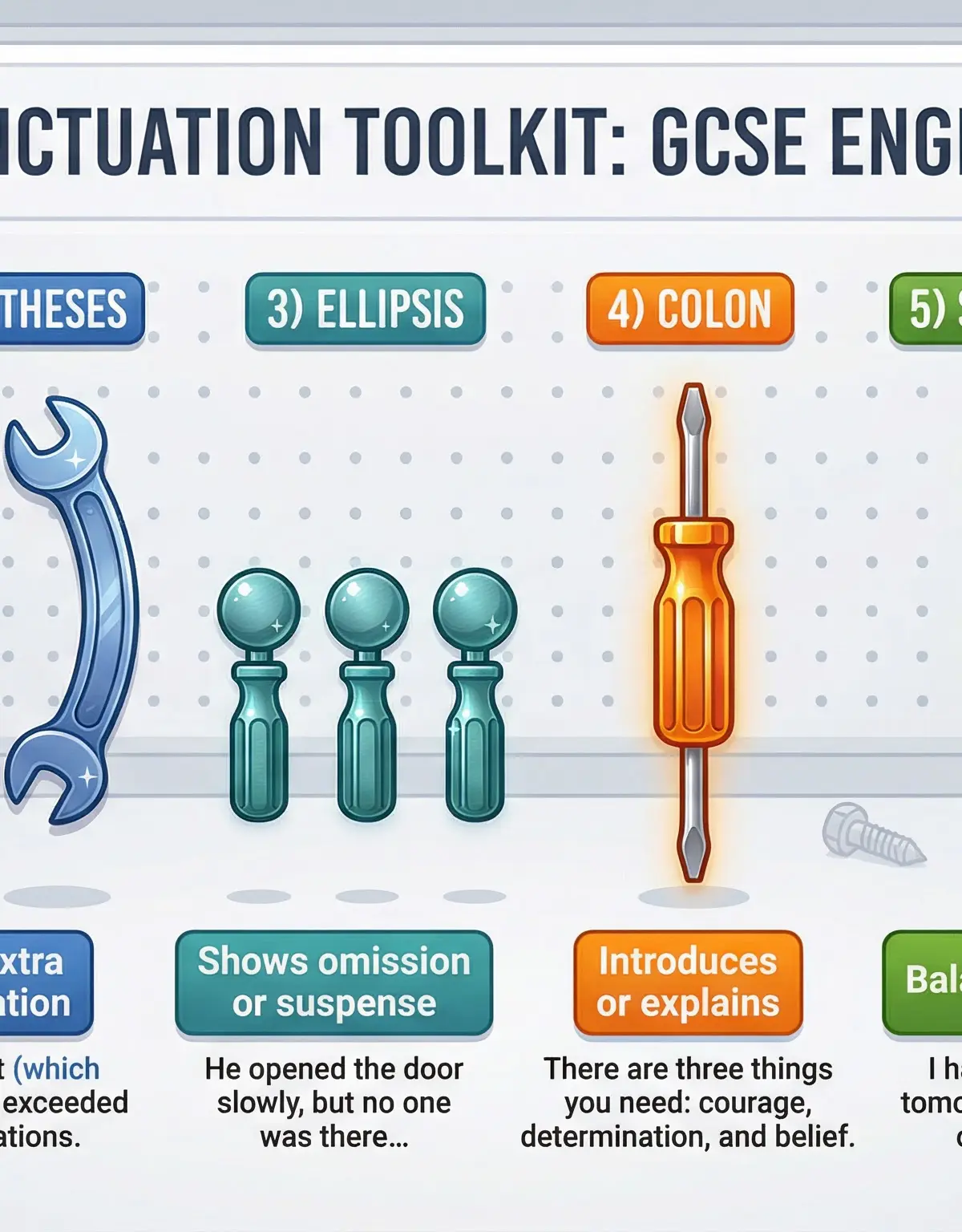 Your toolkit for building Level 5 sentences: dashes, parentheses, colons, and more.