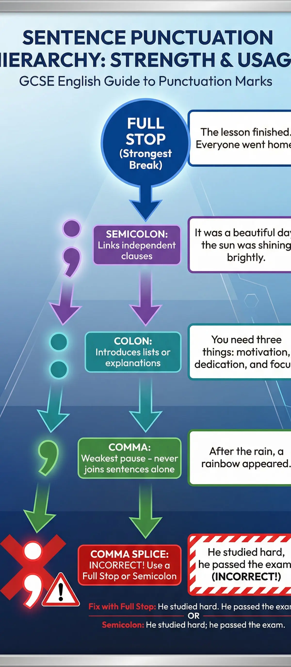 A visual guide to the hierarchy of punctuation, from the strongest break (full stop) to the weakest (comma).