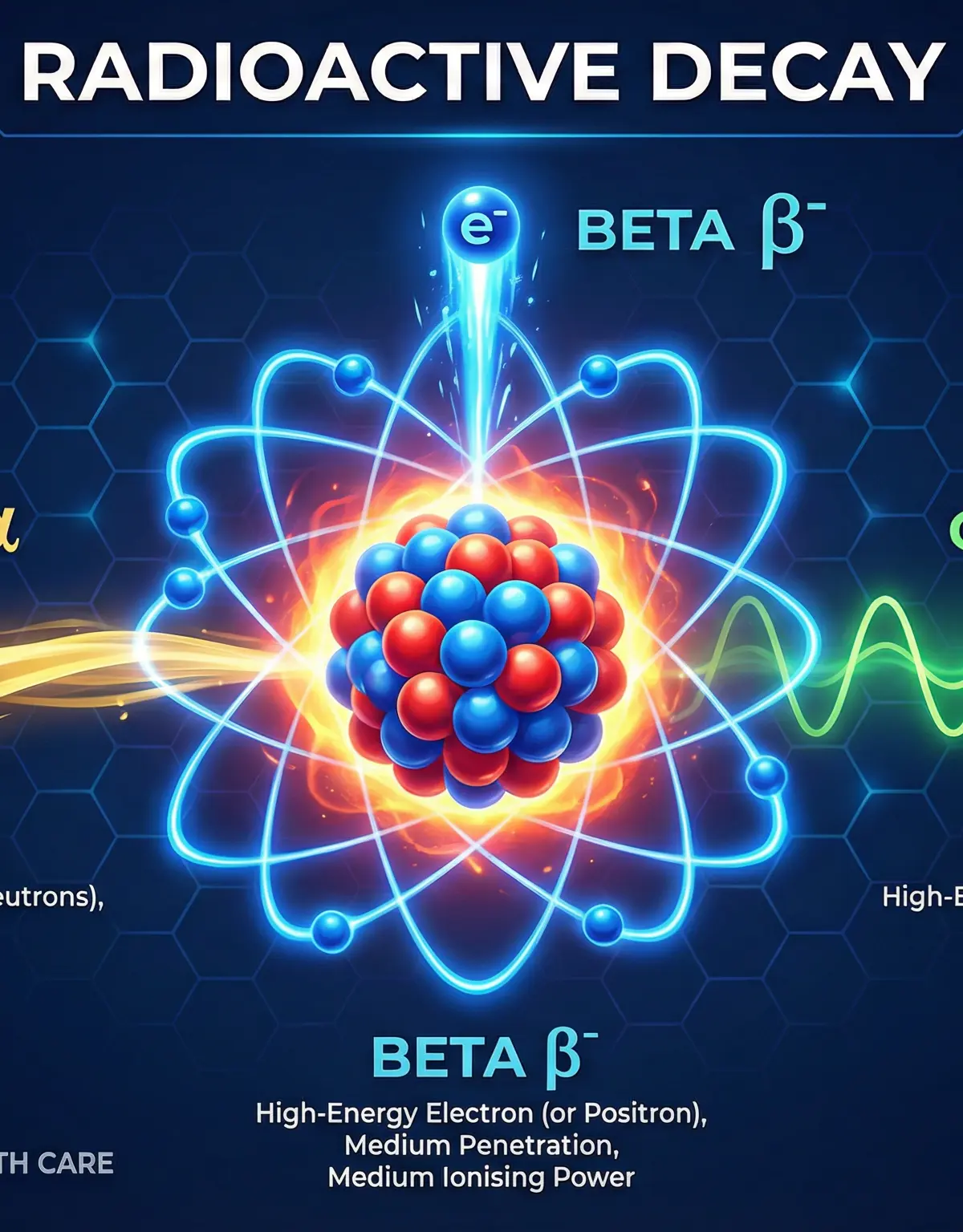 An overview of Alpha, Beta, and Gamma radiation emitted from an unstable nucleus.