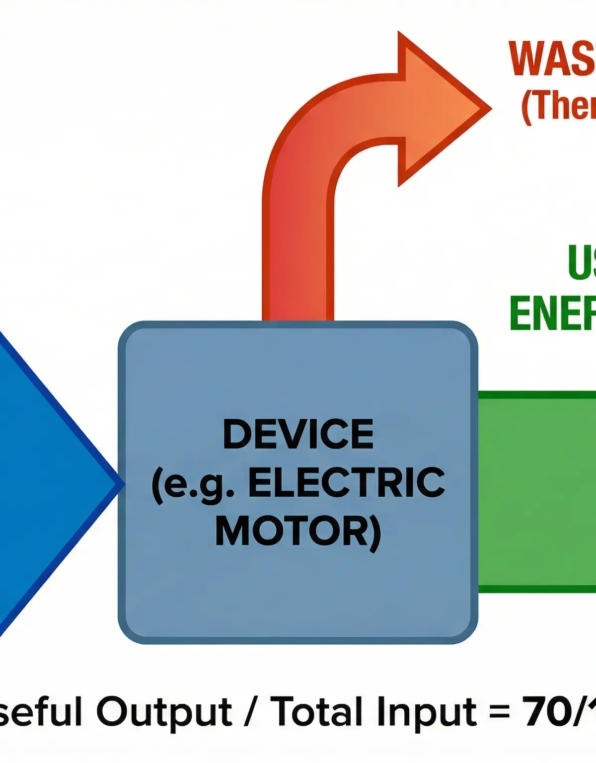 A Sankey diagram showing how total input energy is split into useful output energy and wasted energy.