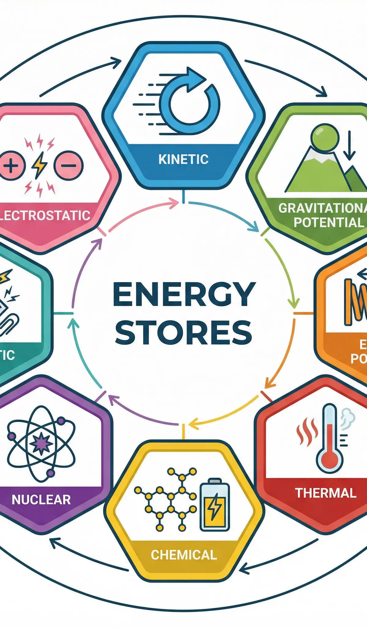 The eight official energy stores for OCR GCSE Physics.