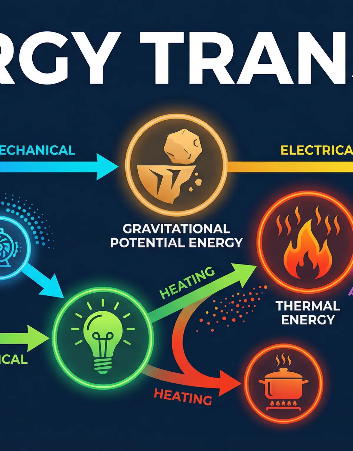 An overview of the key energy stores and transfer pathways in GCSE Physics.