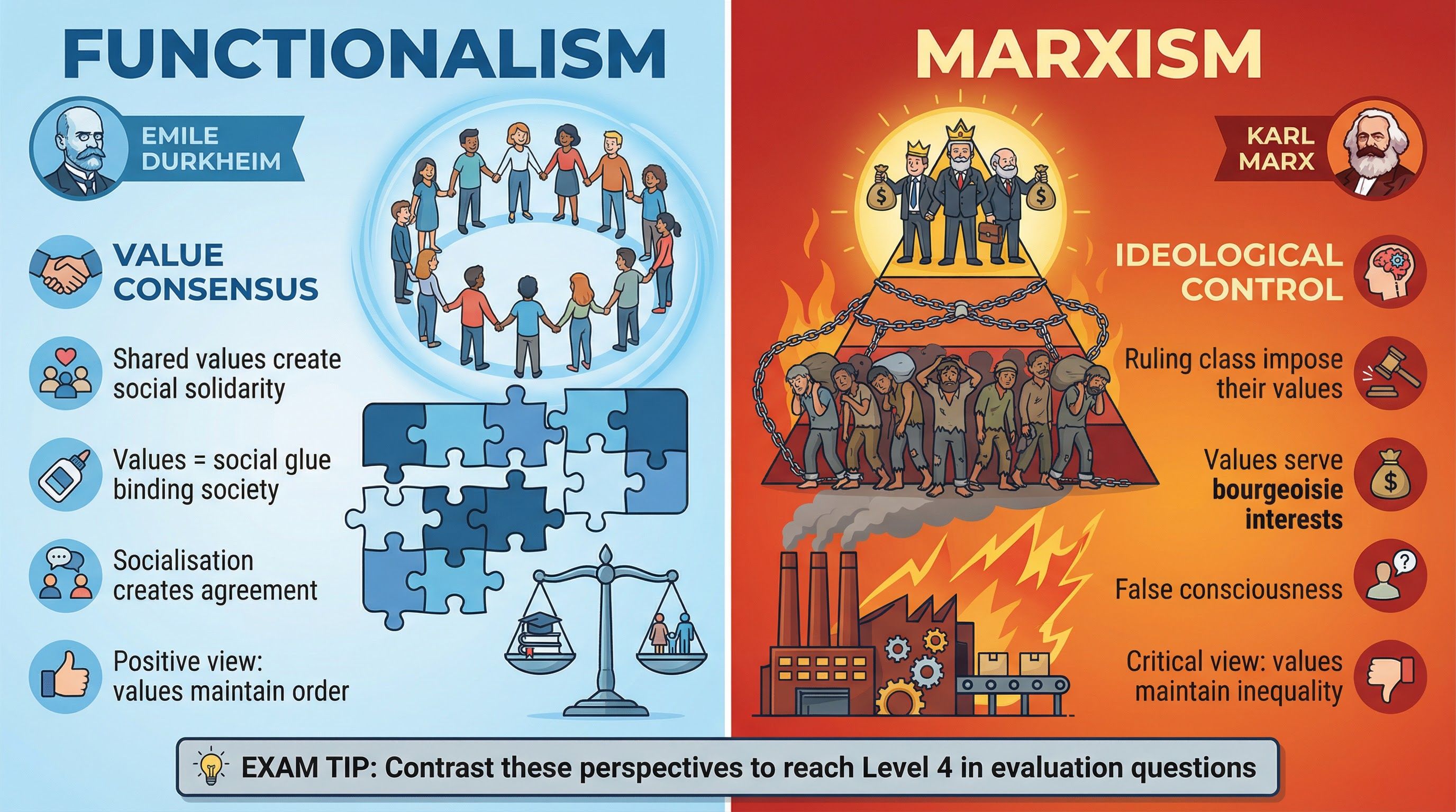 Diagram: Functionalism vs. Marxism on Values