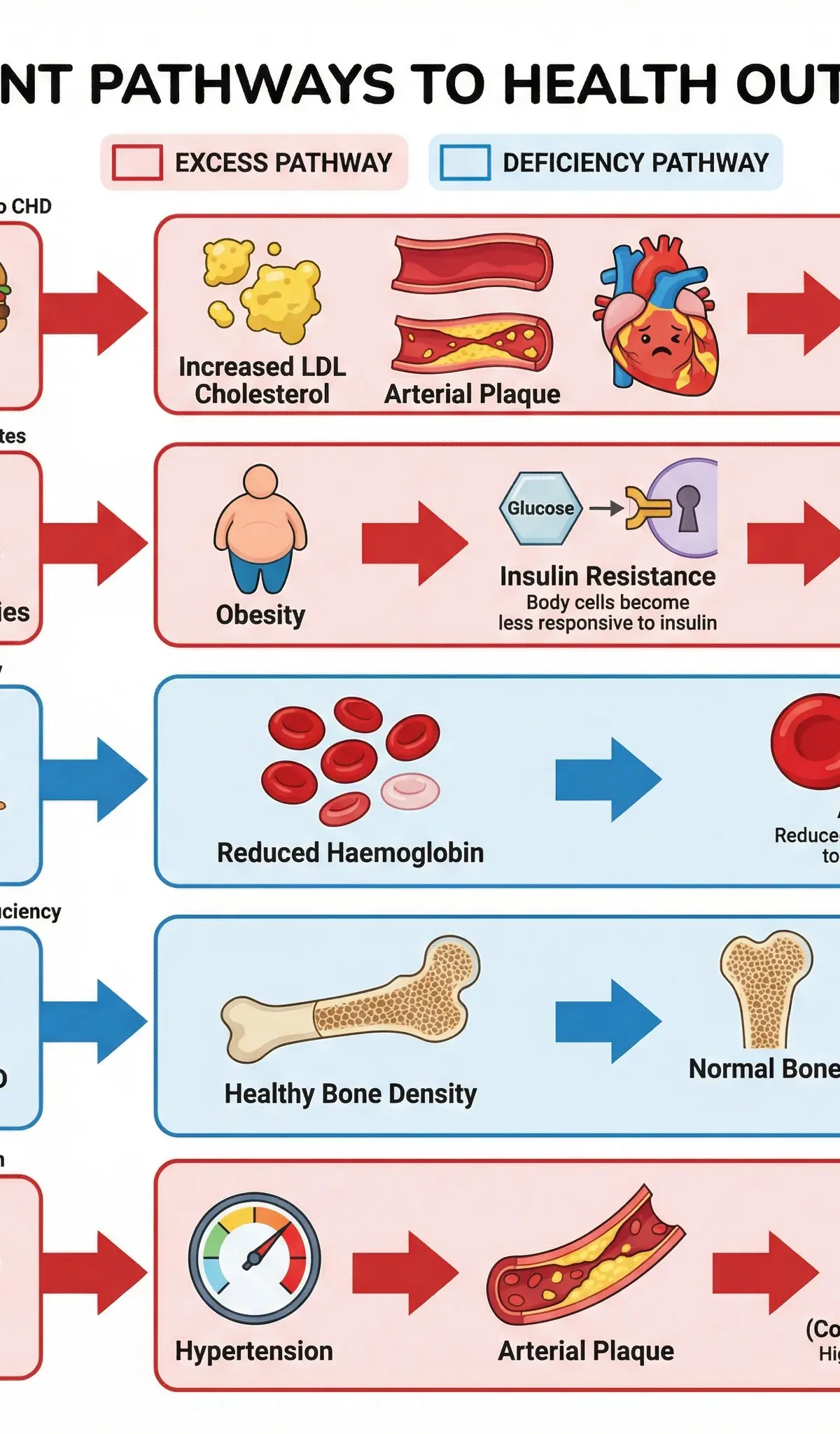Visual guide to how nutrient excess or deficiency leads to disease.