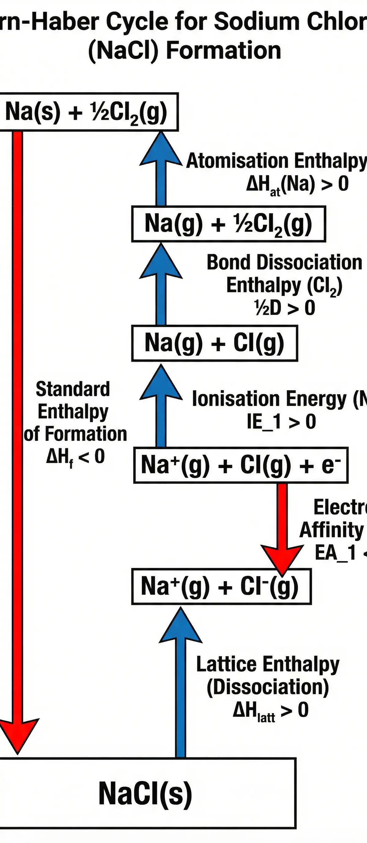 A correctly drawn Born-Haber cycle for NaCl, showing all steps and energy changes.