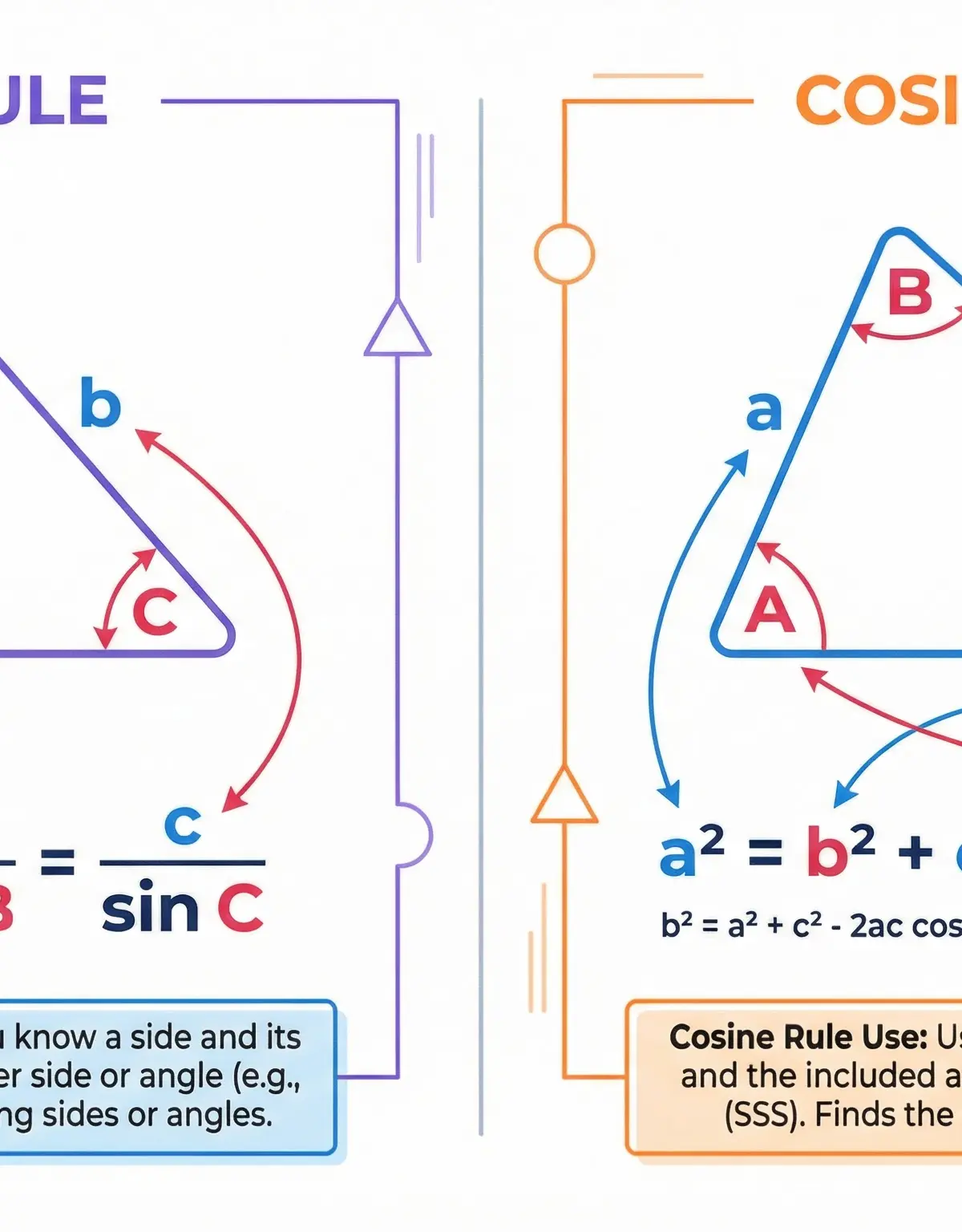 Sine and Cosine Rules for non-right-angled triangles: when to use each rule and how to apply them