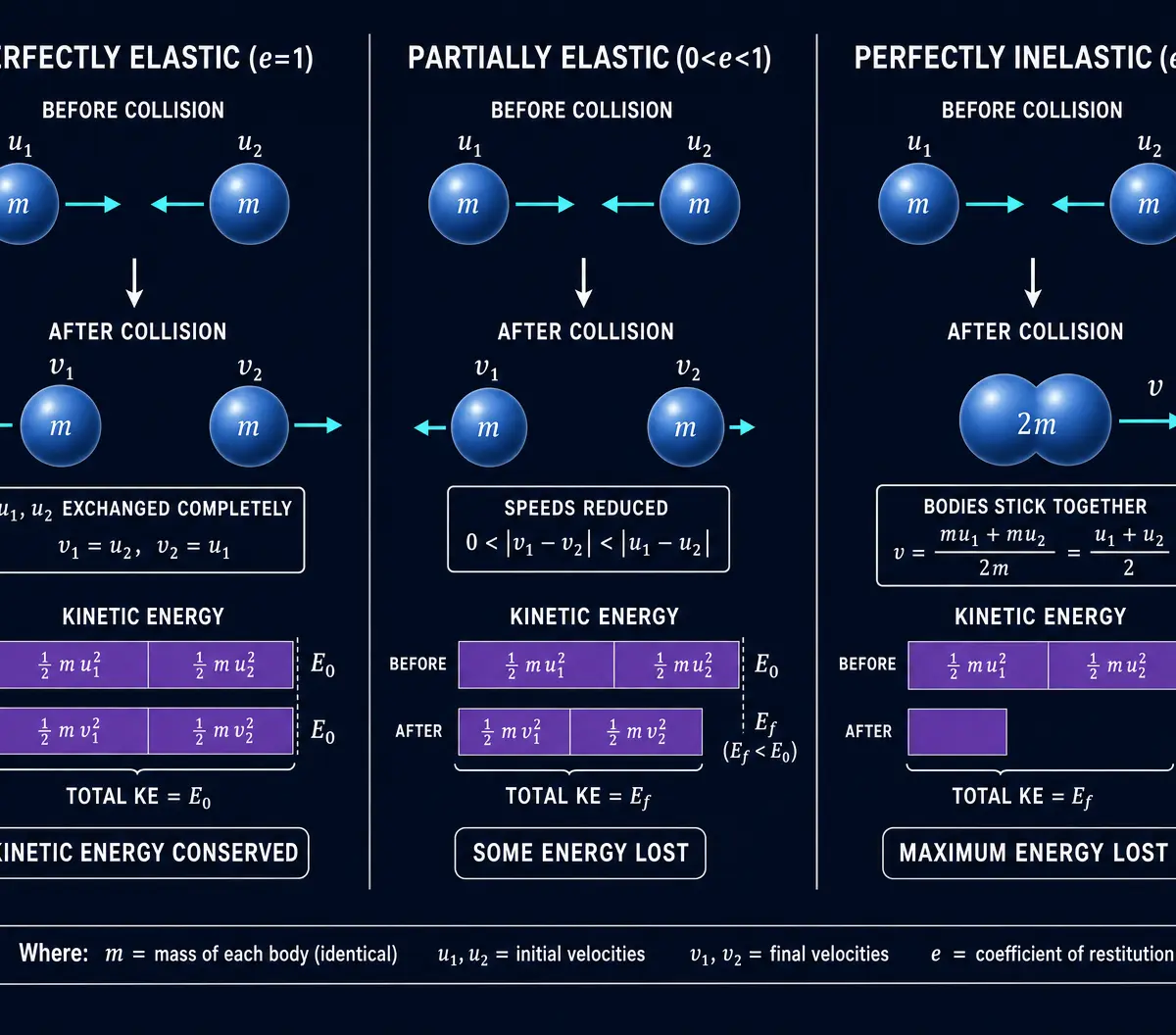 The three types of collisions based on the coefficient of restitution