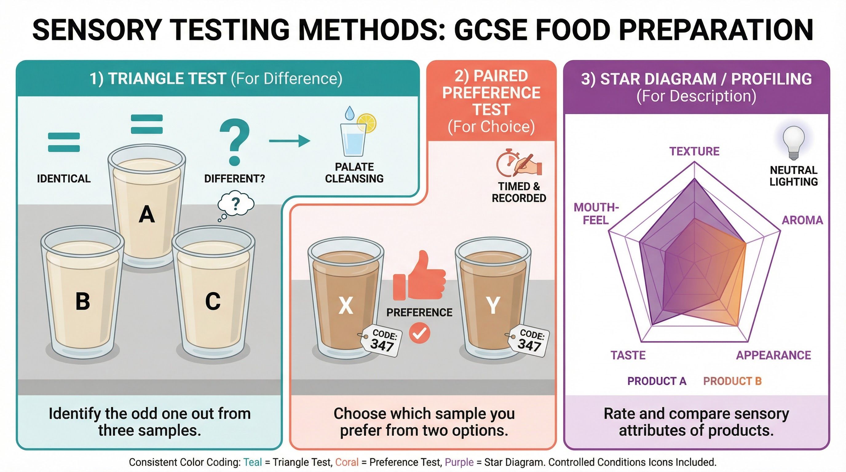 Food scientists use specific, controlled tests to analyse food products objectively.