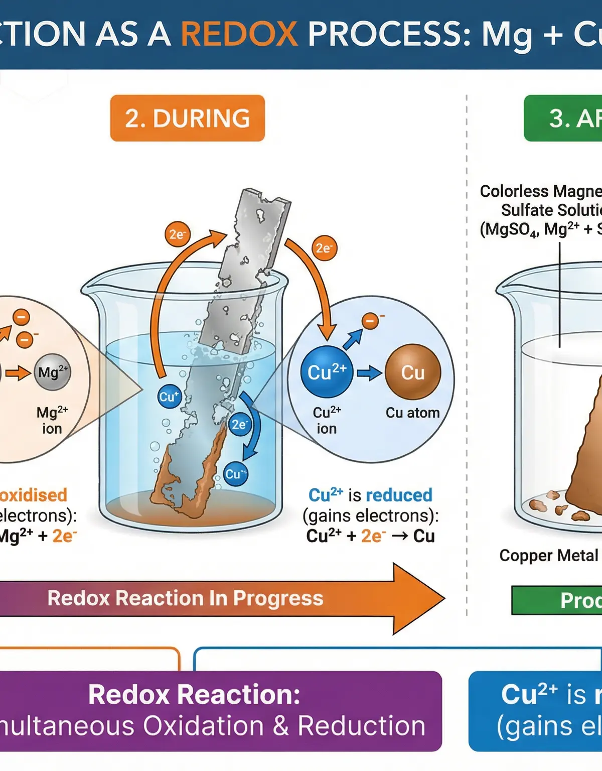 This diagram shows how a more reactive metal (Magnesium) displaces a less reactive metal (Copper) through the transfer of electrons.