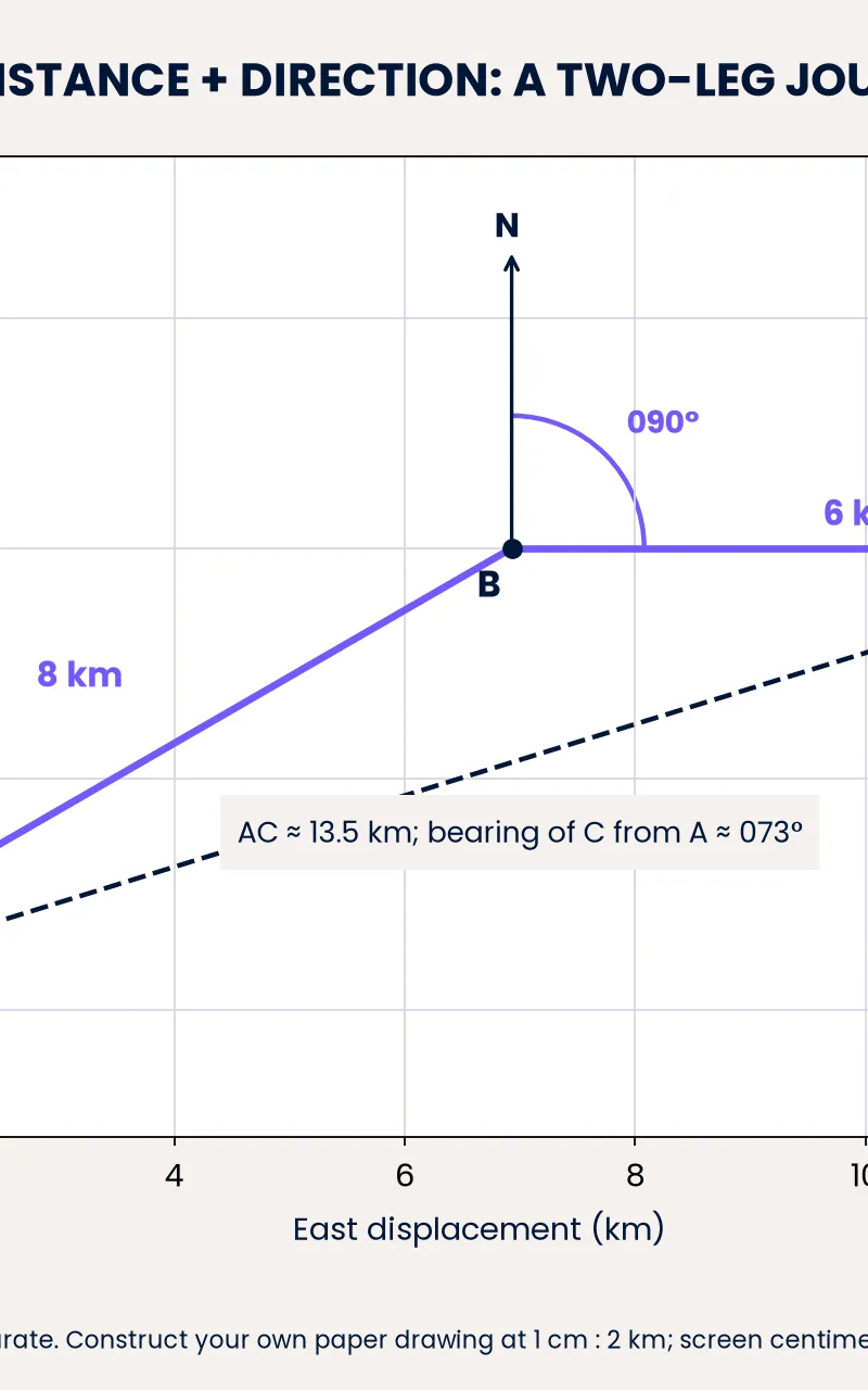 The direct displacement is approximately 13.5 km on bearing 073°; the route length is 14 km. Screen centimetres are not calibrated.