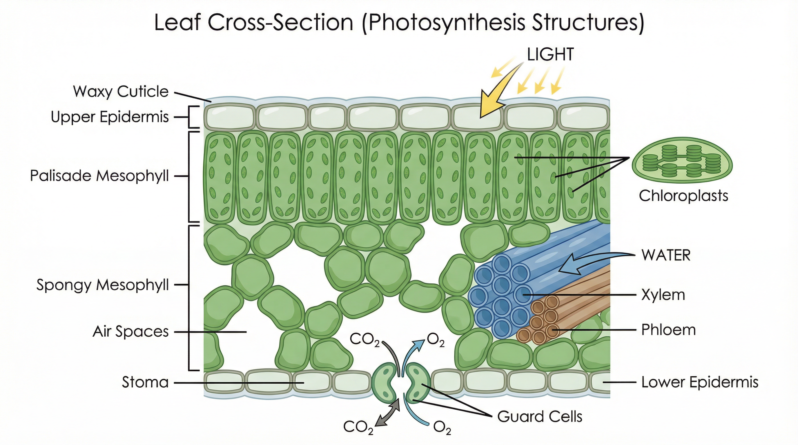 The internal structure of a leaf is adapted for photosynthesis.