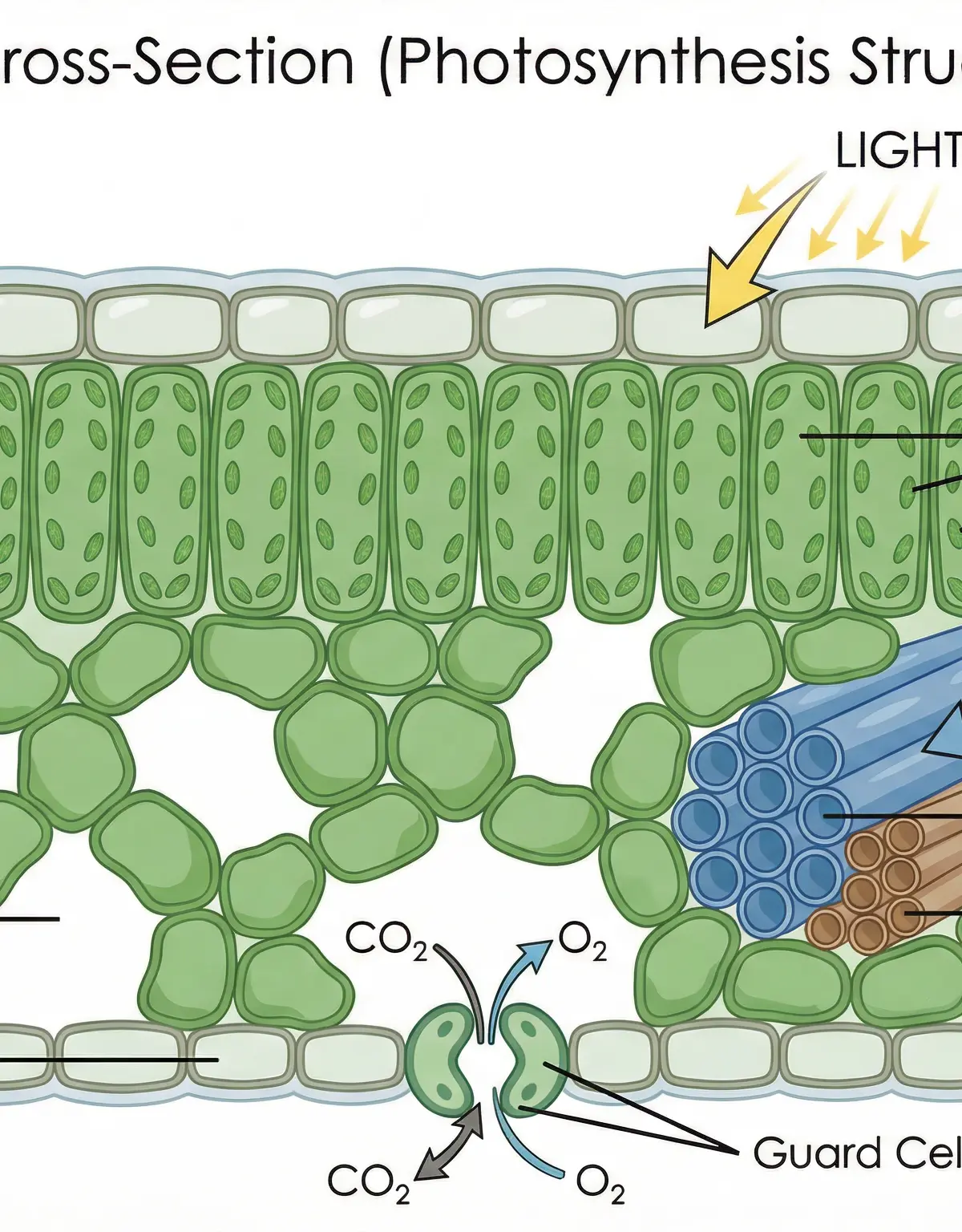 The internal structure of a leaf is adapted for photosynthesis.