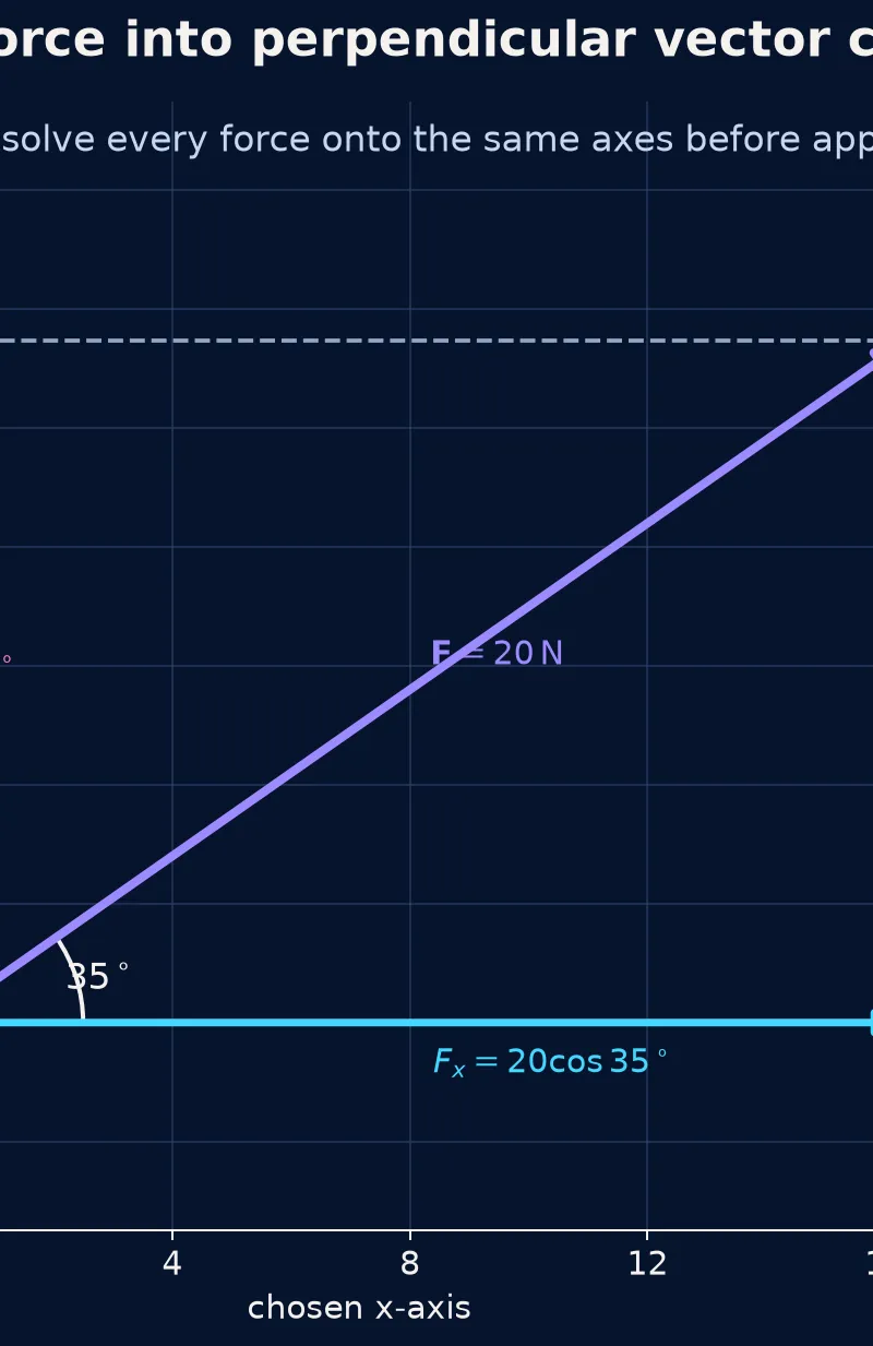 Resolve every force onto the chosen axes before summing.