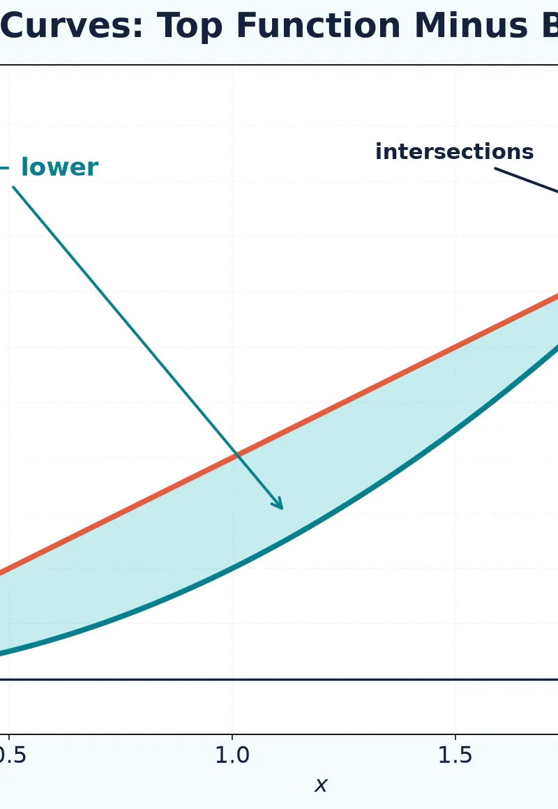 Find intersections, then integrate top function minus bottom function.