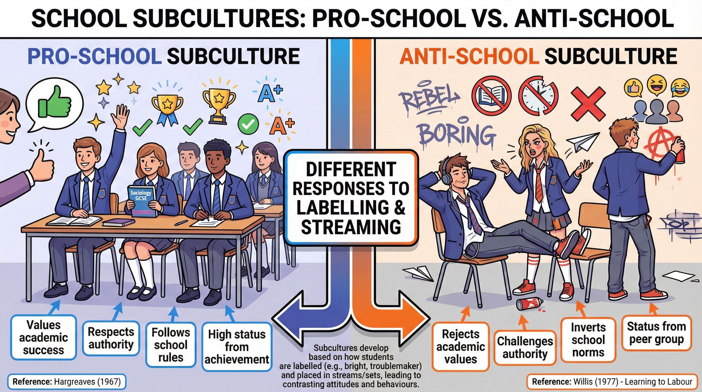 Contrasting Pro-School and Anti-School subcultures, with reference to key studies.