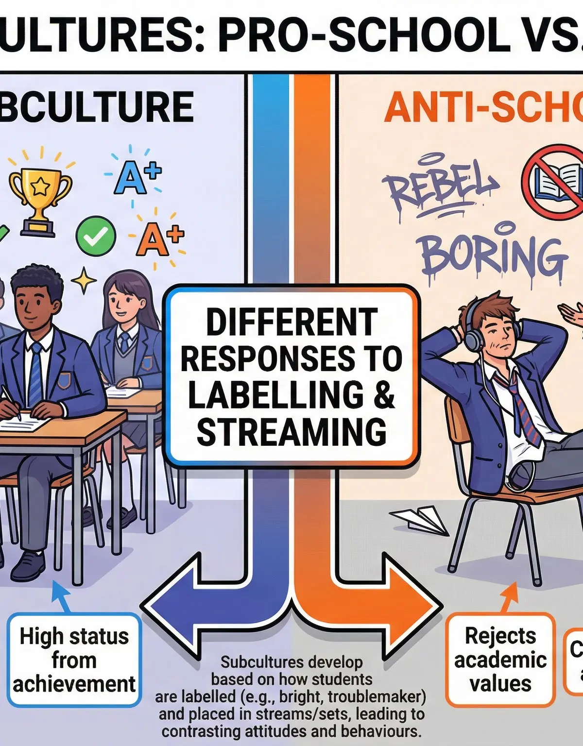 Contrasting Pro-School and Anti-School subcultures, with reference to key studies.