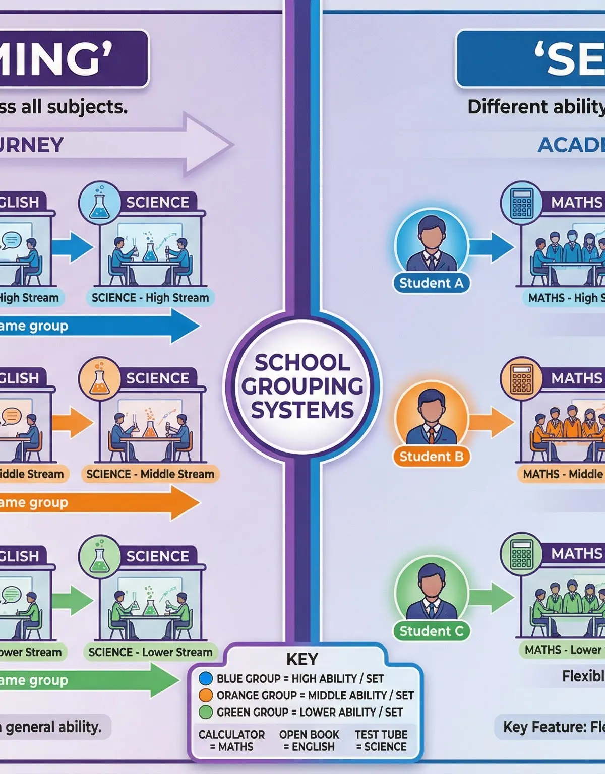 A visual guide to the key differences between streaming and setting as methods of ability grouping.