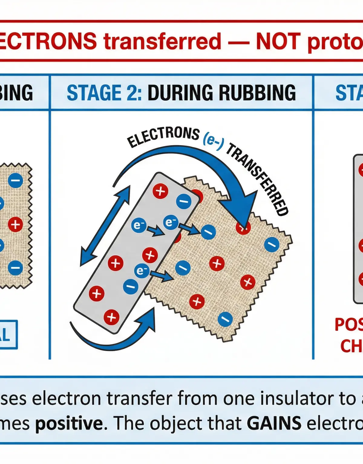 How rubbing insulators causes electron transfer and static charging.