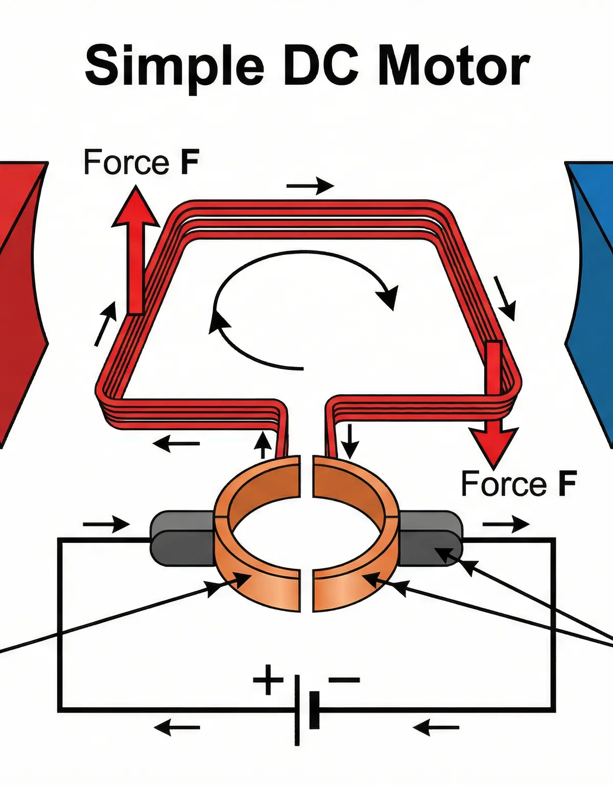 The components and operation of a simple DC motor, showing the coil, magnets, commutator, and brushes.