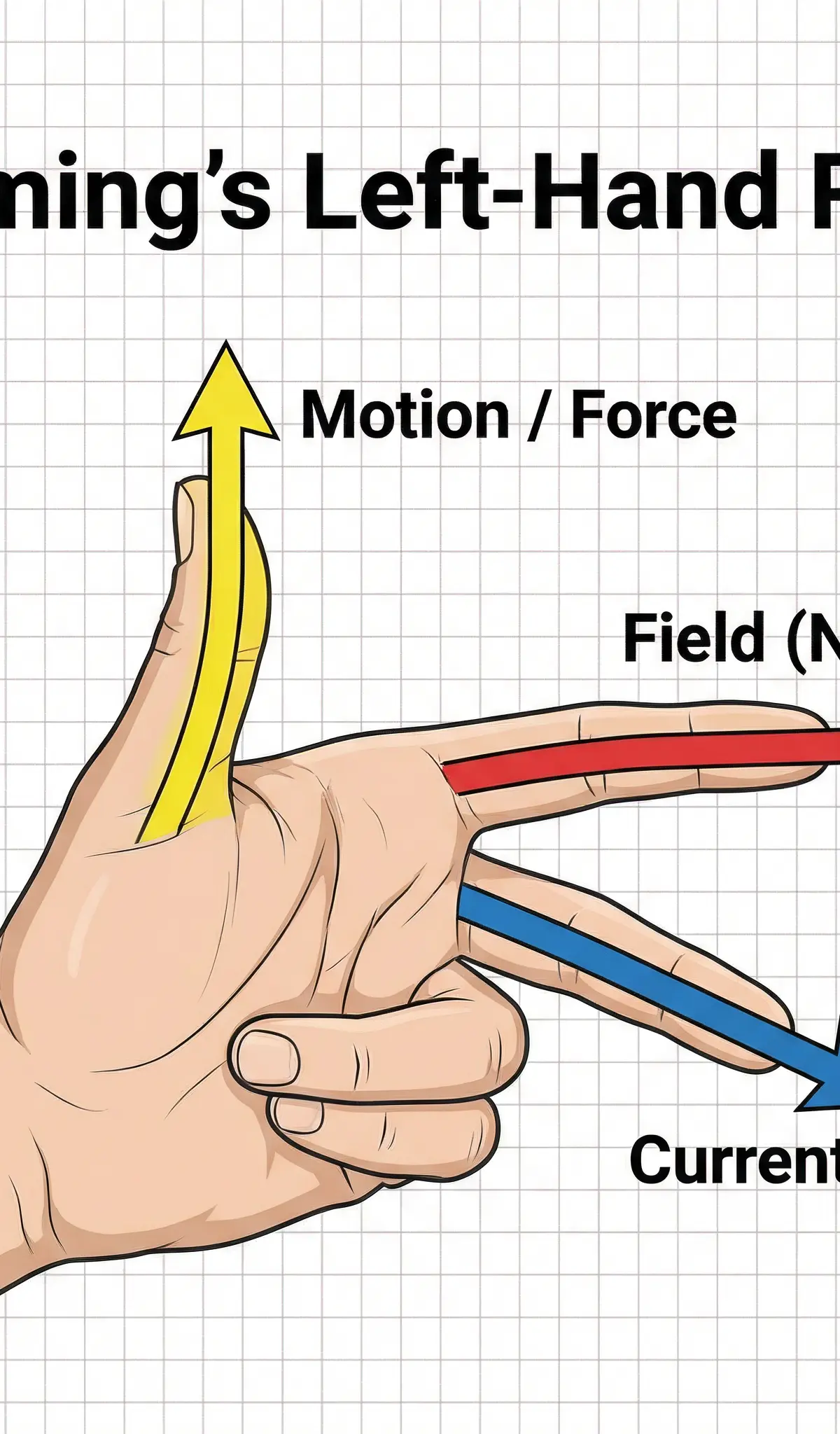 Fleming's Left-Hand Rule, relating the directions of Motion (Thrust), Field, and Current.