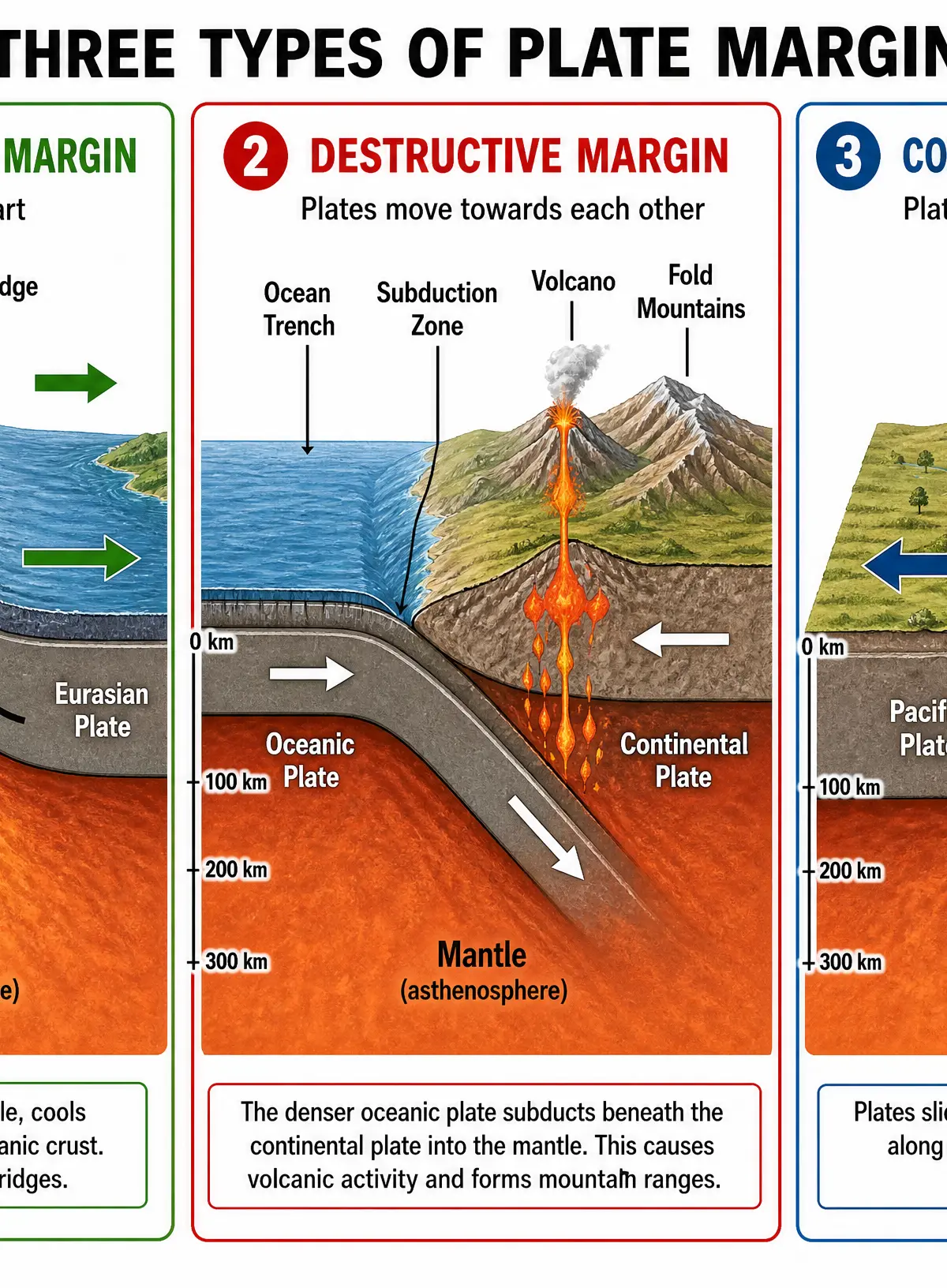The three types of tectonic plate margins
