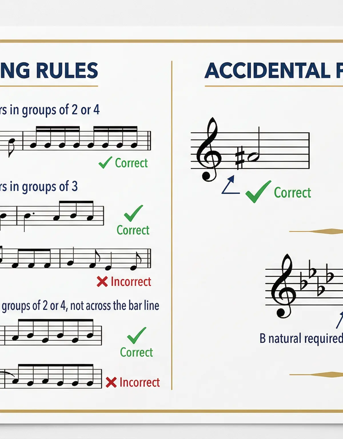 Key notation rules for beaming and accidentals.