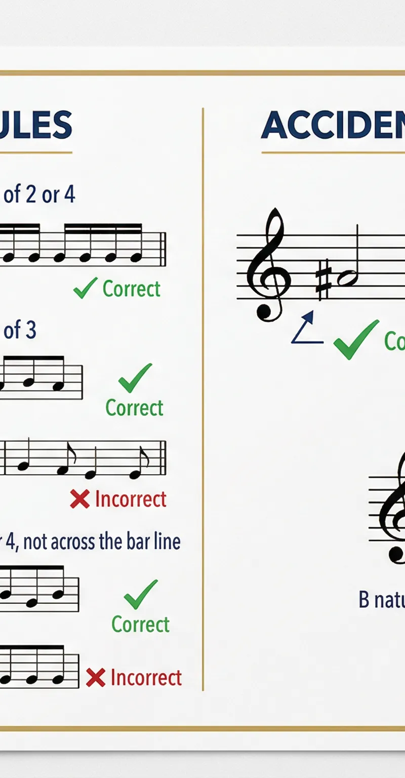 Key notation rules for beaming and accidentals.