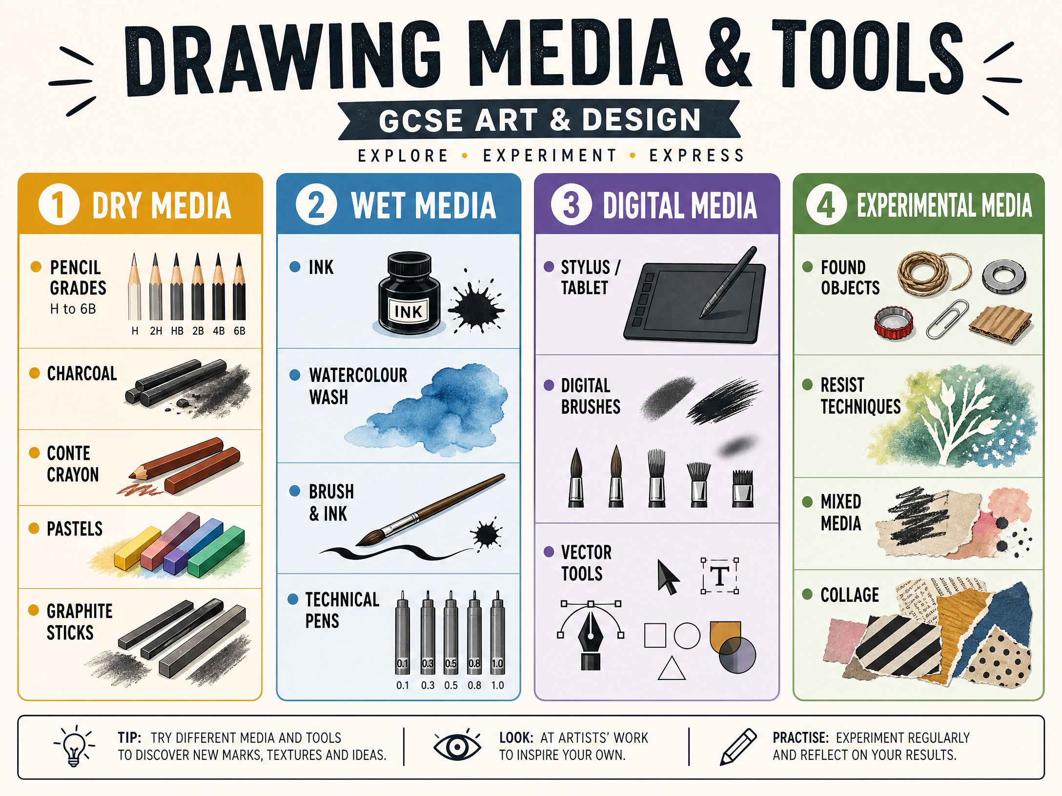 Explore a wide range of drawing media and tools.