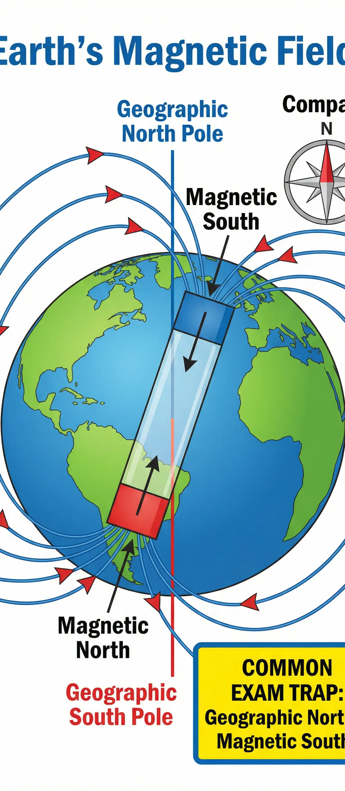 Diagram of the Earth's magnetic field, explaining the common exam trap regarding the geographic North Pole.