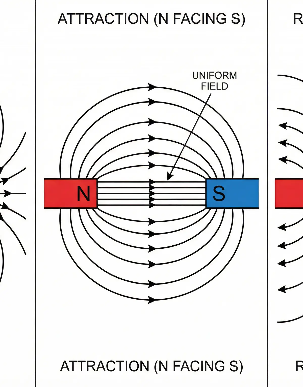 Magnetic field patterns for attraction, repulsion, and a single bar magnet.