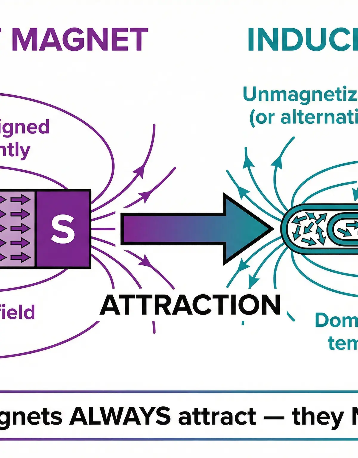 The difference between permanent and induced magnetism, highlighting that induced magnetism always causes attraction.