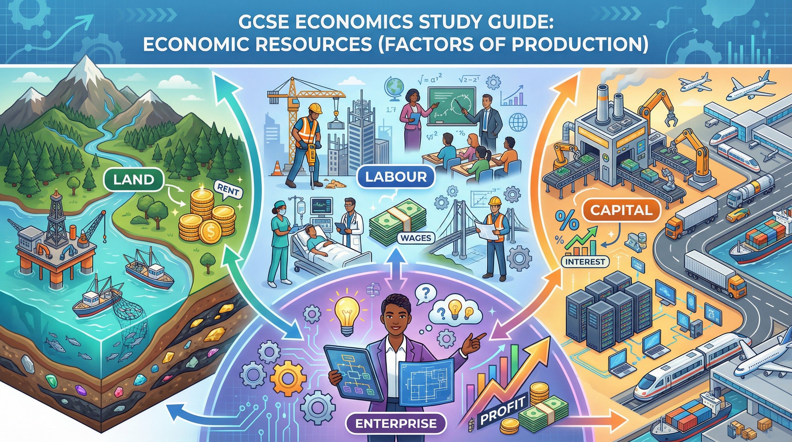 The Four Factors of Production: Land, Labour, Capital, and Enterprise.