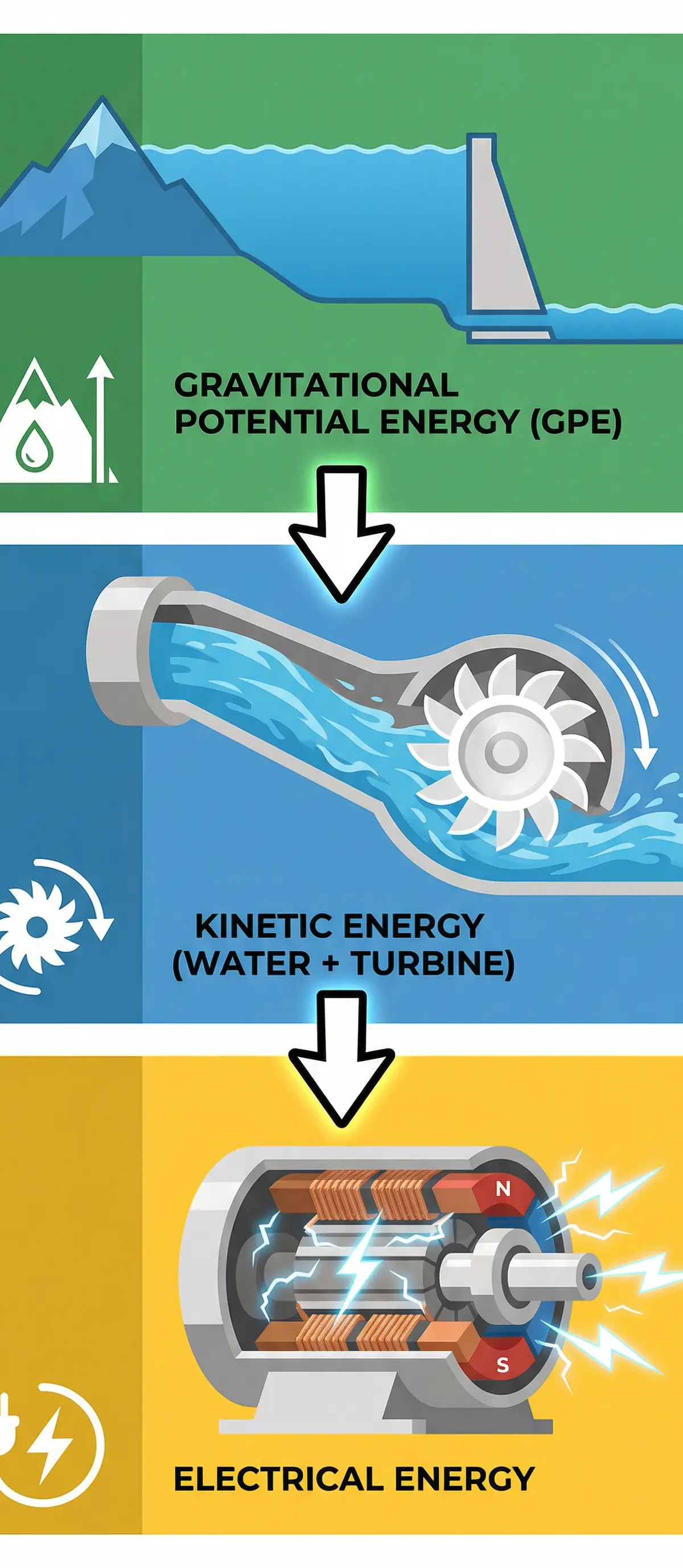 The energy transfer chain: from Gravitational Potential Energy to Kinetic Energy to Electrical Energy.