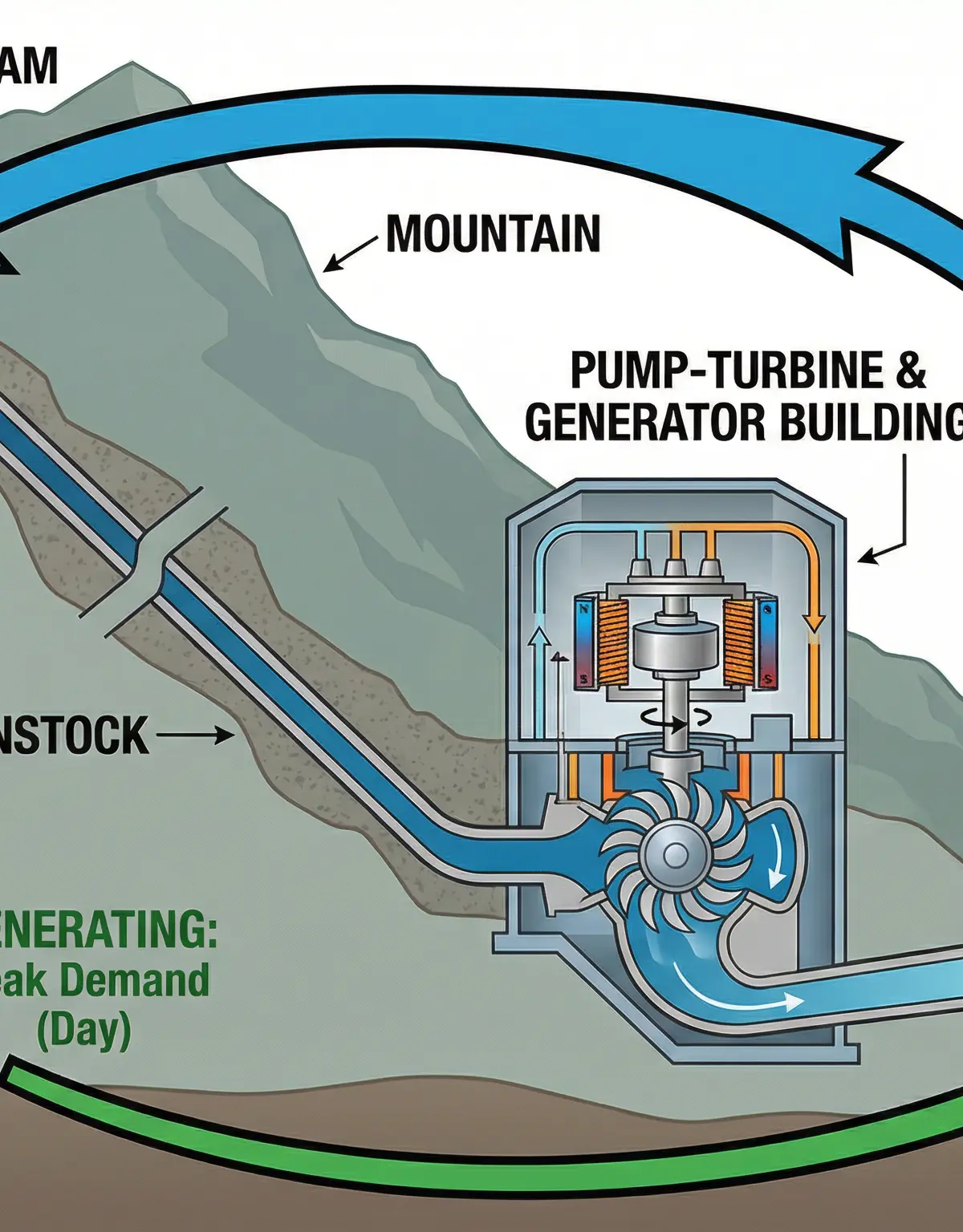 The pumped storage cycle: pumping up during low demand and generating during high demand.