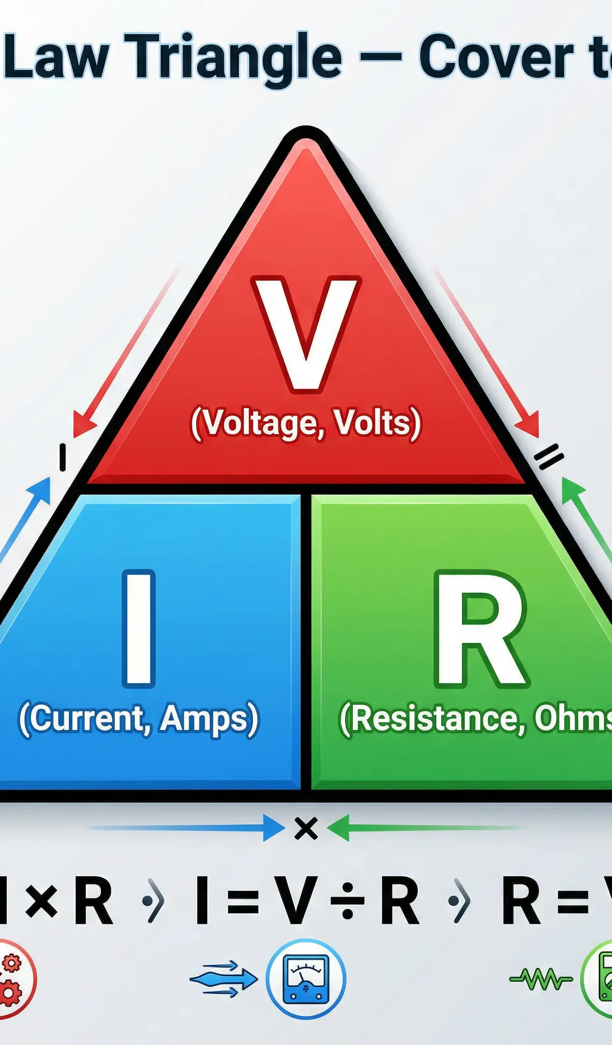 The Ohm's Law (VIR) triangle is a crucial tool for calculations.