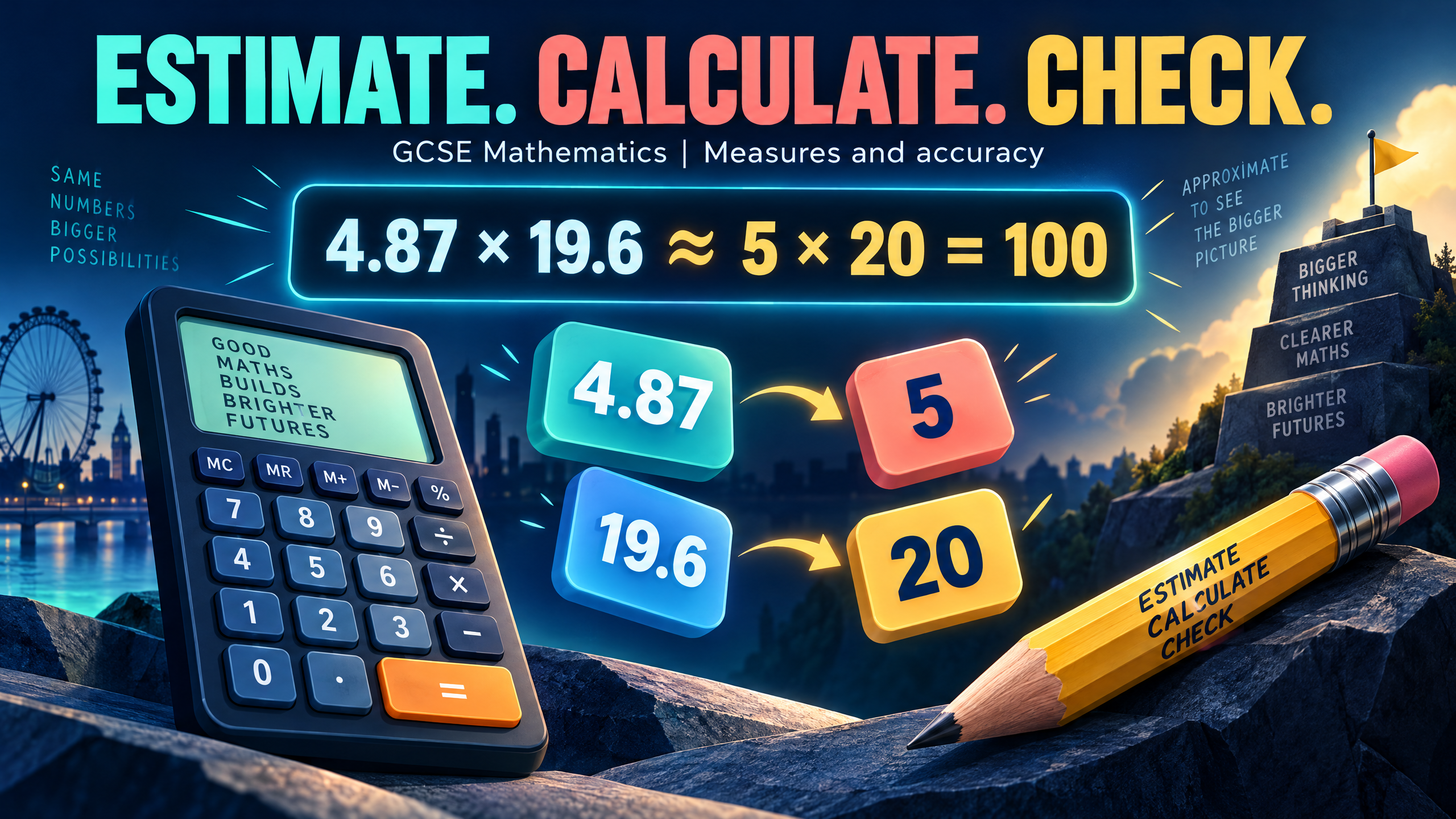 Estimate, calculate, check: 4.87 × 19.6 ≈ 5 × 20 = 100.